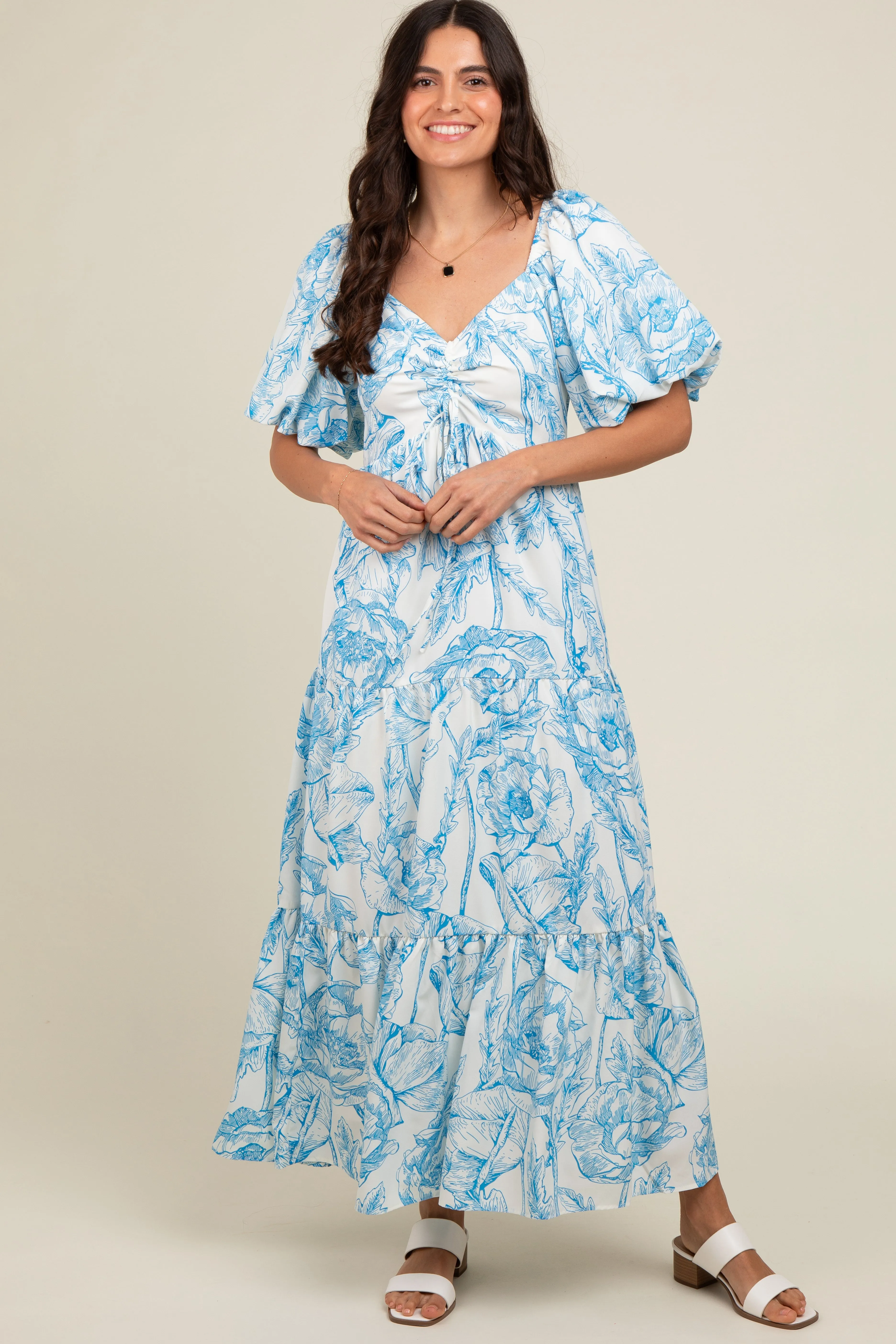 Blue Floral Cinched Tie Maxi Dress sold by Pinkblush