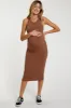 Mocha Sleeveless Ribbed Fitted Maternity Midi Dress sold by Pinkblush