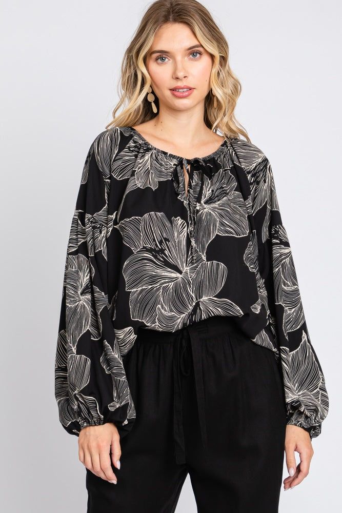 Black Floral V-Neck Long Sleeve Blouse sold by Pinkblush product image thumbnail 2