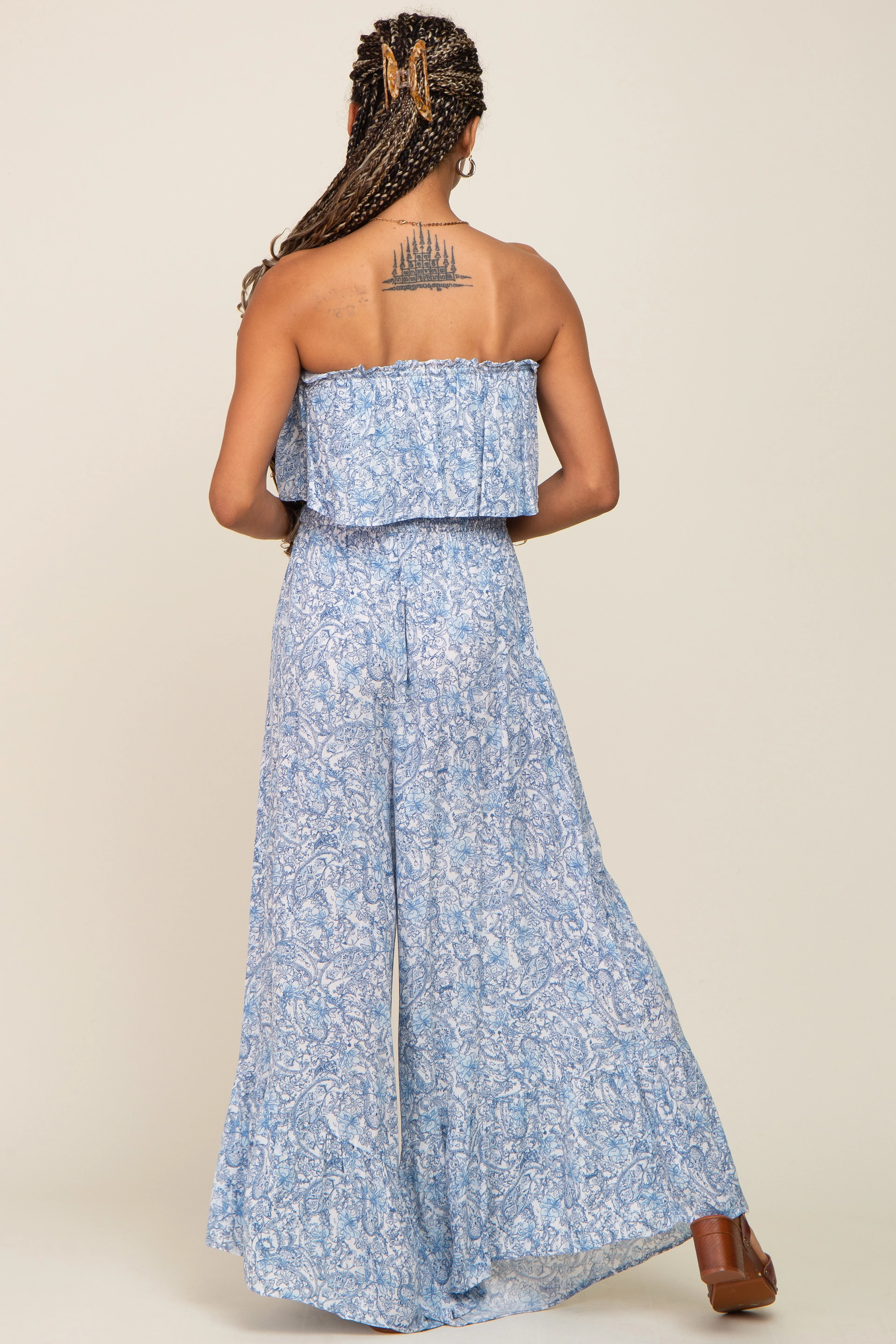 Light Blue Paisley Ruffle Strapless Jumpsuit sold by Pinkblush product image thumbnail 3