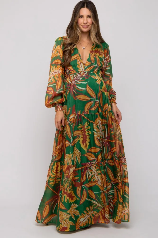 Green Leaf Print Maternity Tiered Maxi Dress sold by Pinkblush