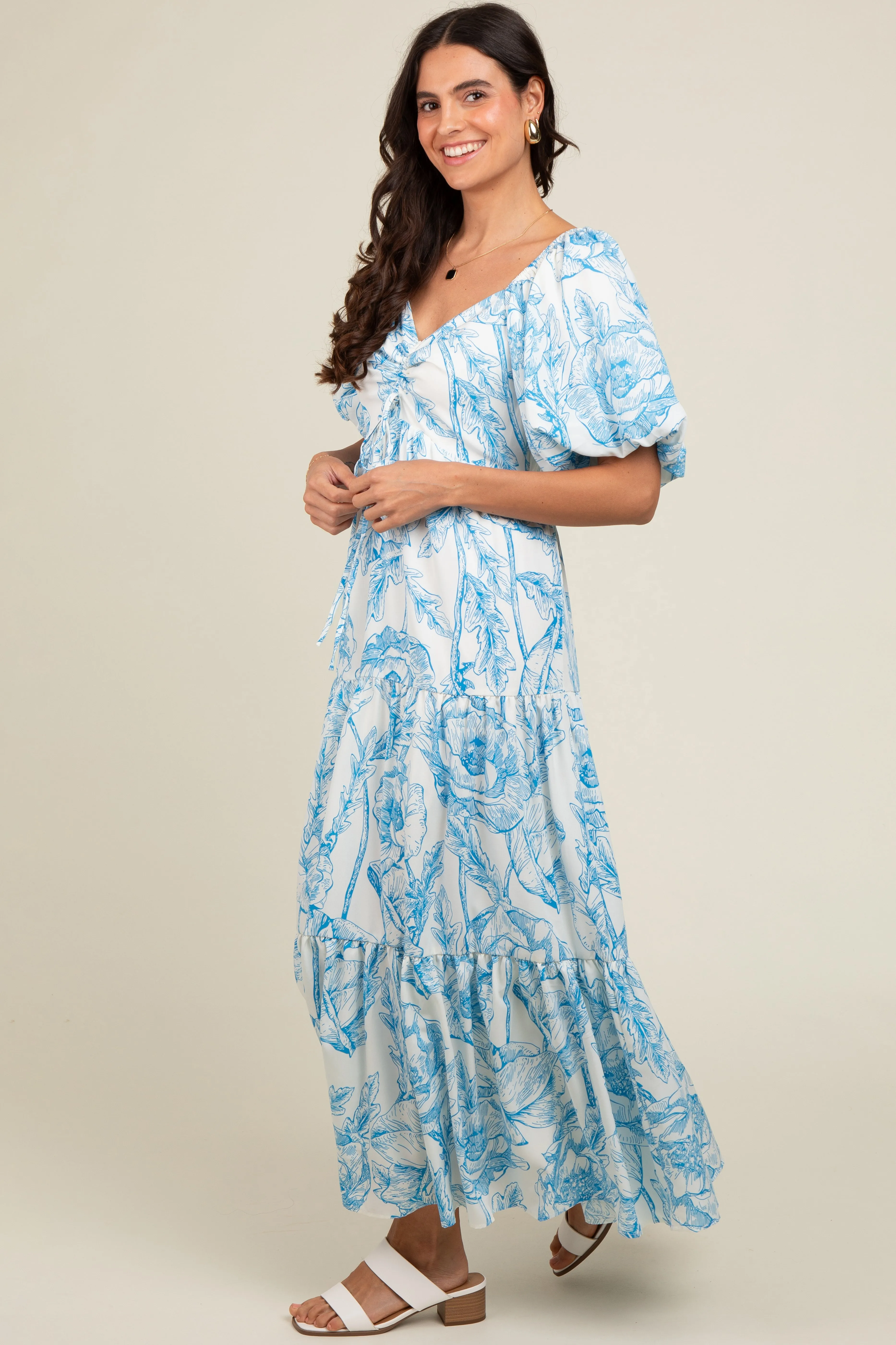 Blue Floral Cinched Tie Maxi Dress sold by Pinkblush product image thumbnail 2