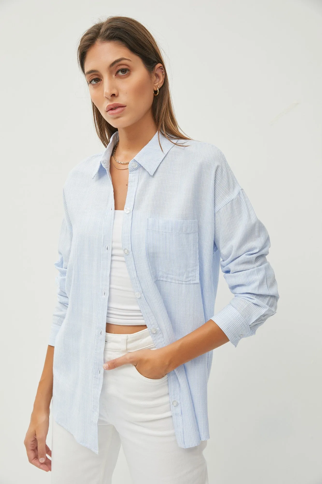 Light Blue Striped Basic Button Down Maternity Top sold by Pinkblush product image thumbnail 5