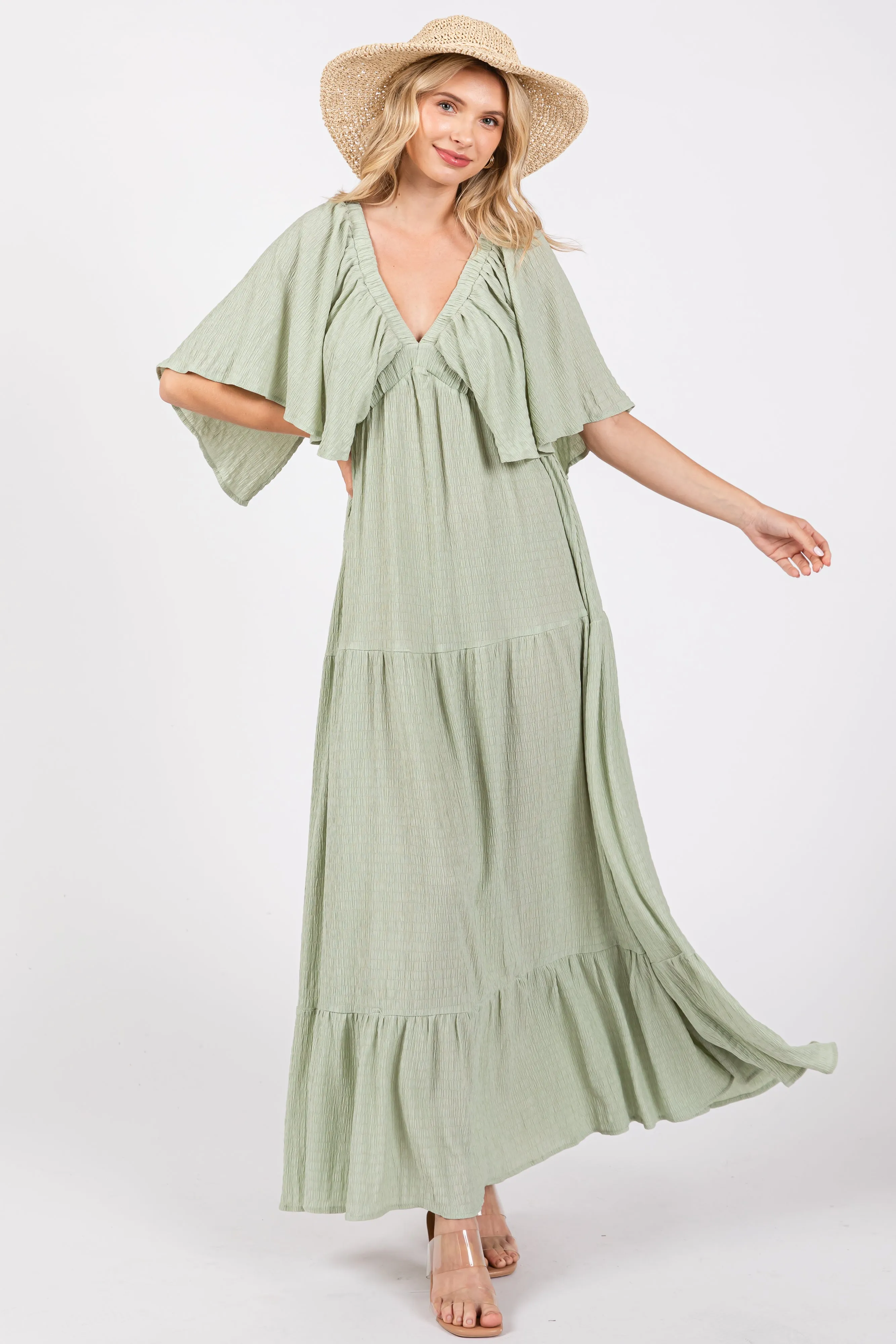 Light Olive Flounce Sleeve Tiered Dress sold by Pinkblush