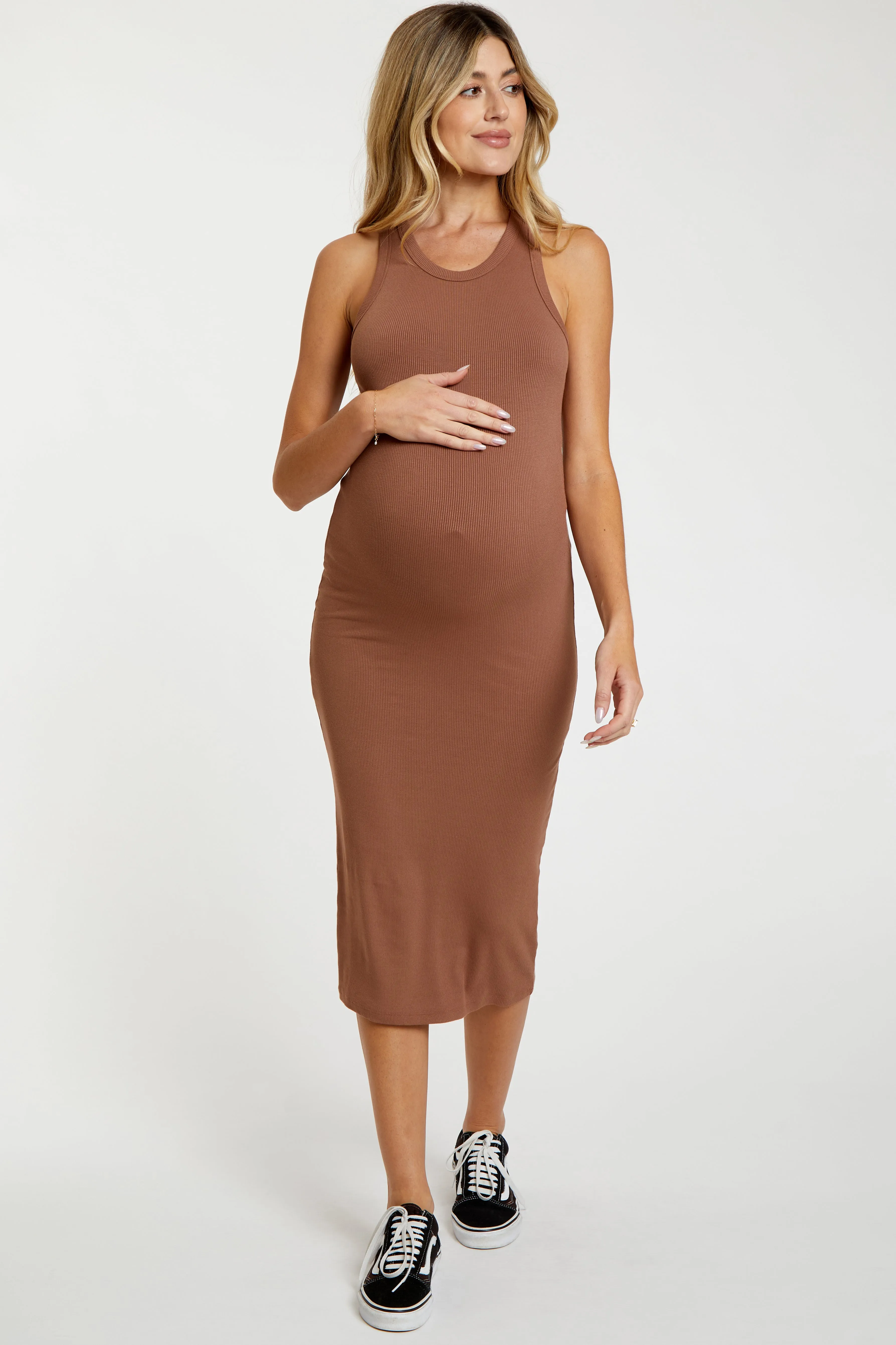 Mocha Sleeveless Ribbed Fitted Maternity Midi Dress sold by Pinkblush product image thumbnail 2
