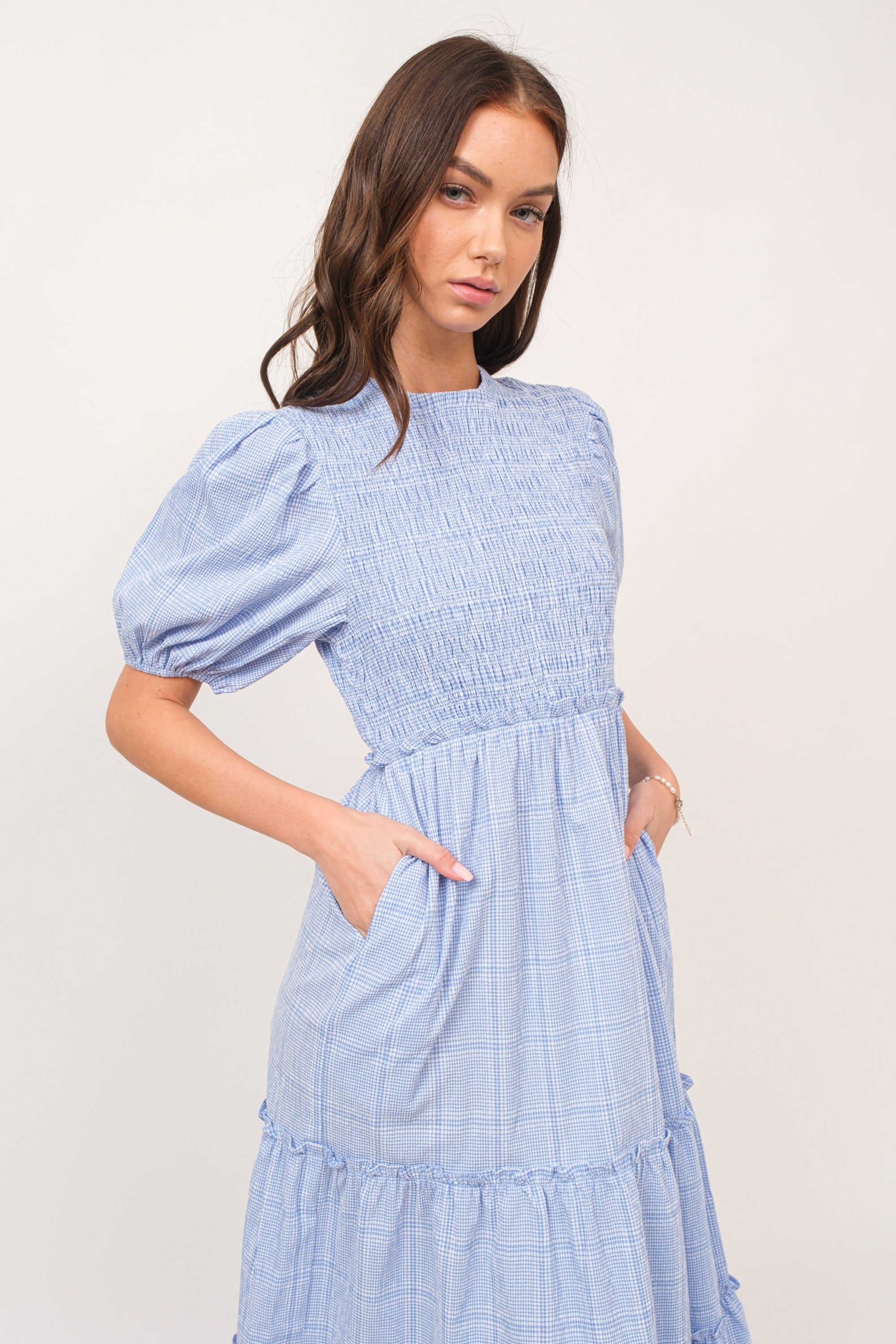 Blue Puff Sleeve Midi Dress sold by Pinkblush product image thumbnail 4