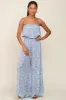 Light Blue Paisley Ruffle Strapless Jumpsuit sold by Pinkblush