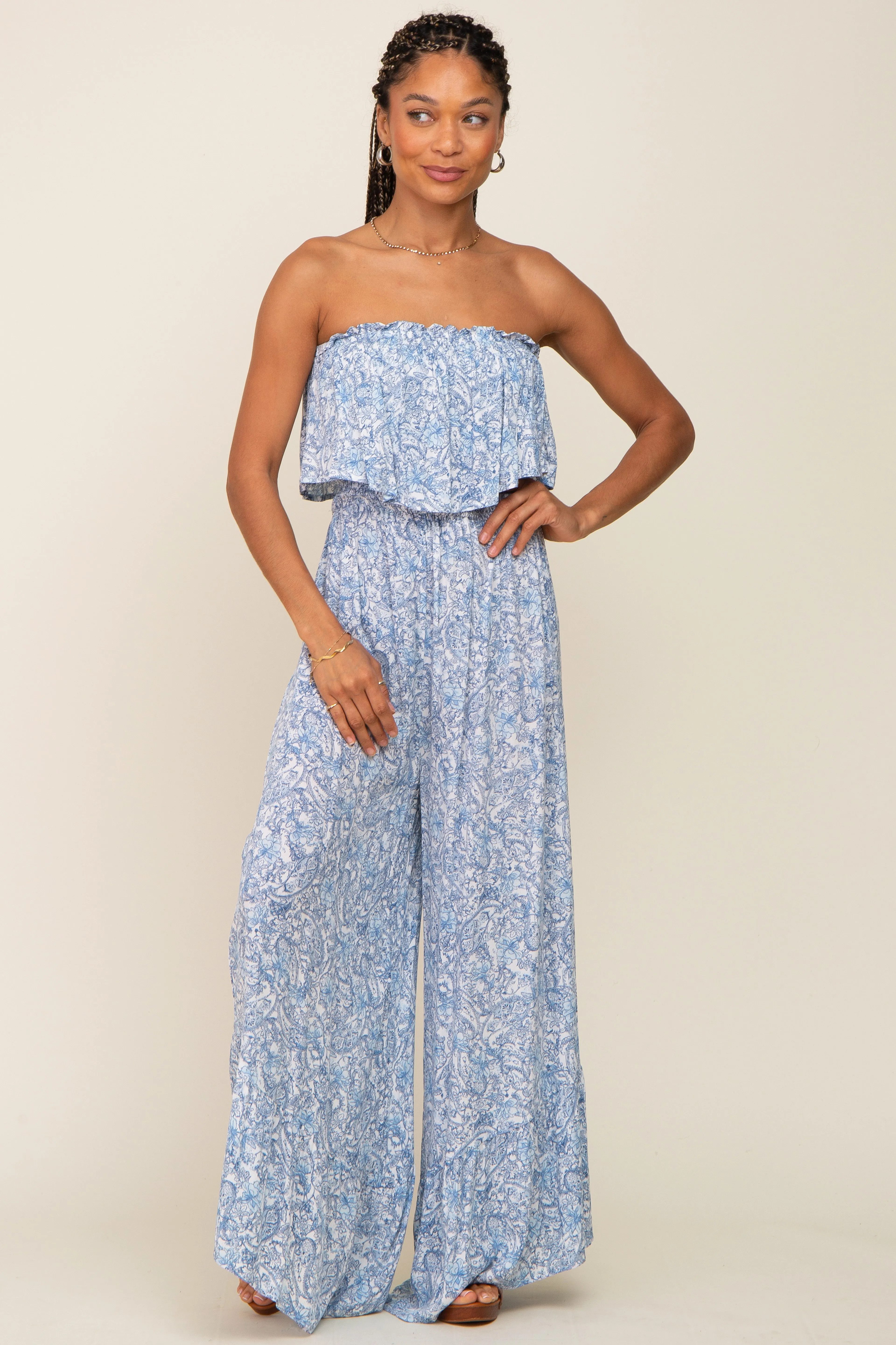 Light Blue Paisley Ruffle Strapless Jumpsuit sold by Pinkblush product image thumbnail 4