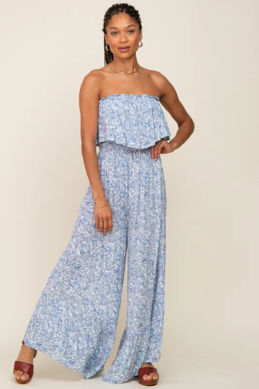 Light Blue Paisley Ruffle Strapless Jumpsuit sold by Pinkblush