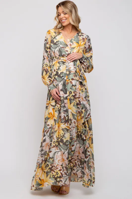 Yellow Floral Chiffon Wrap Front V-Neck Long Sleeve Maternity Maxi Dress sold by Pinkblush