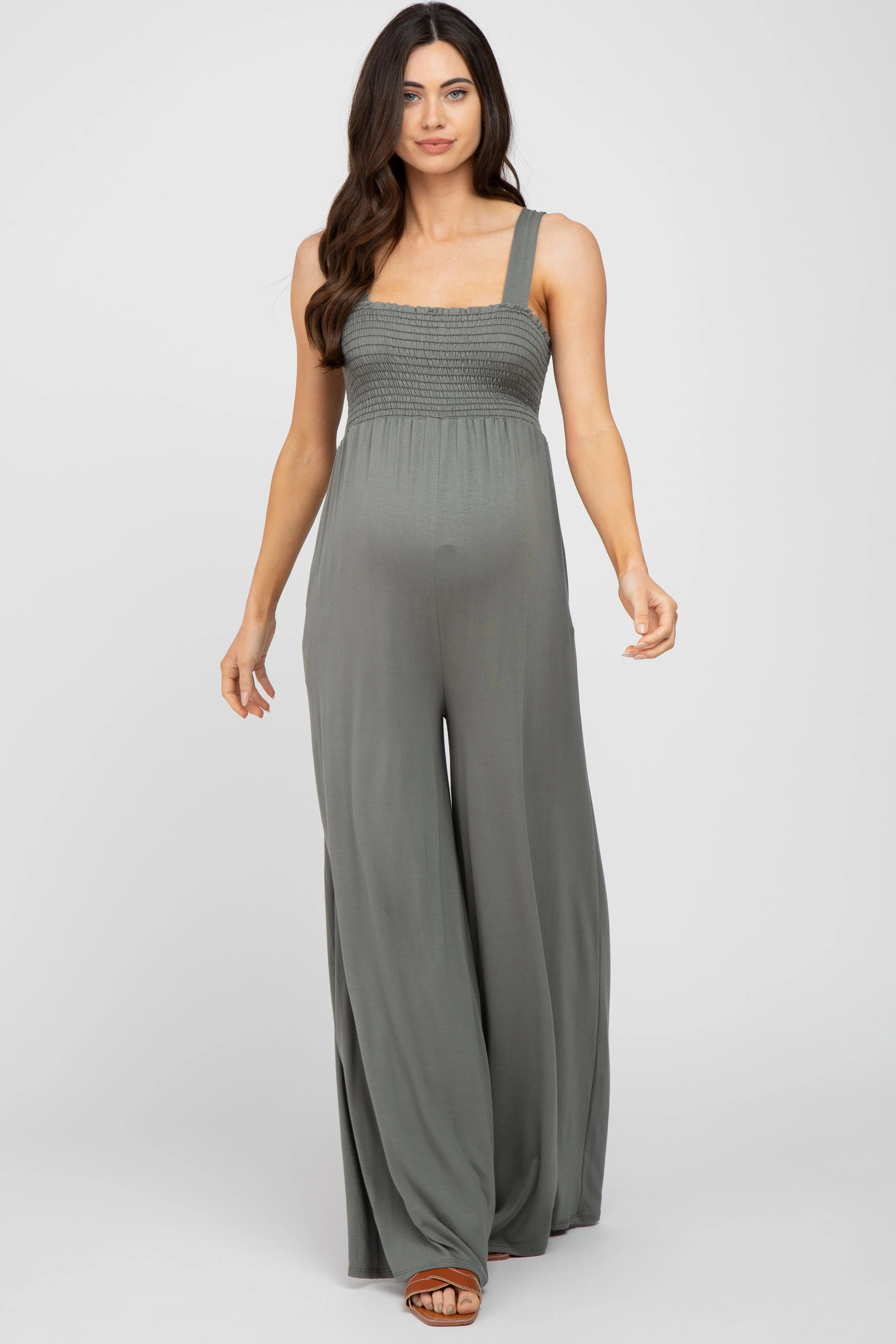 Olive Sleeveless Wide Leg Maternity Jumpsuit sold by Pinkblush