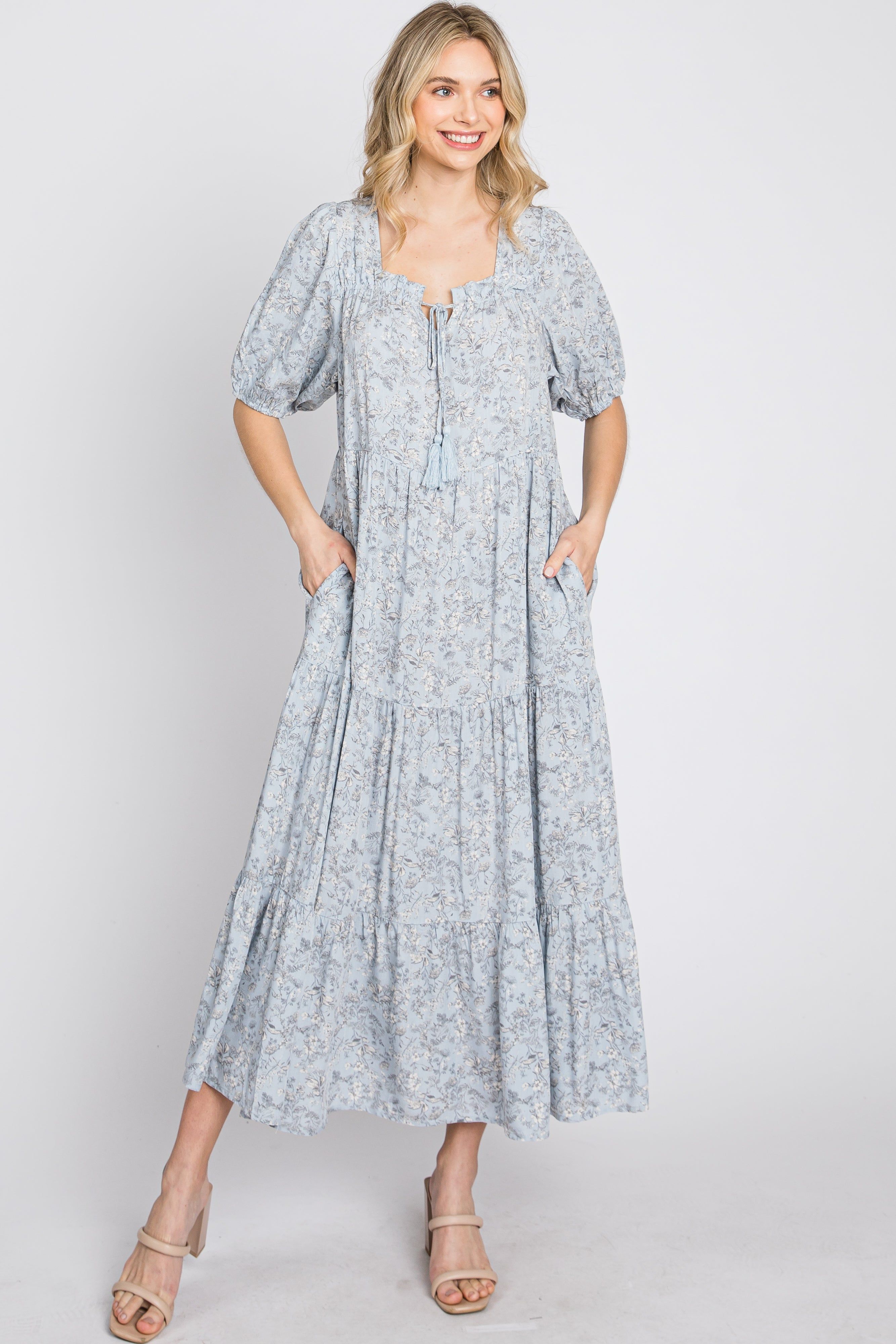 Blue Floral Square Neck Front Tie Tiered Mid Dress sold by Pinkblush product image thumbnail 3