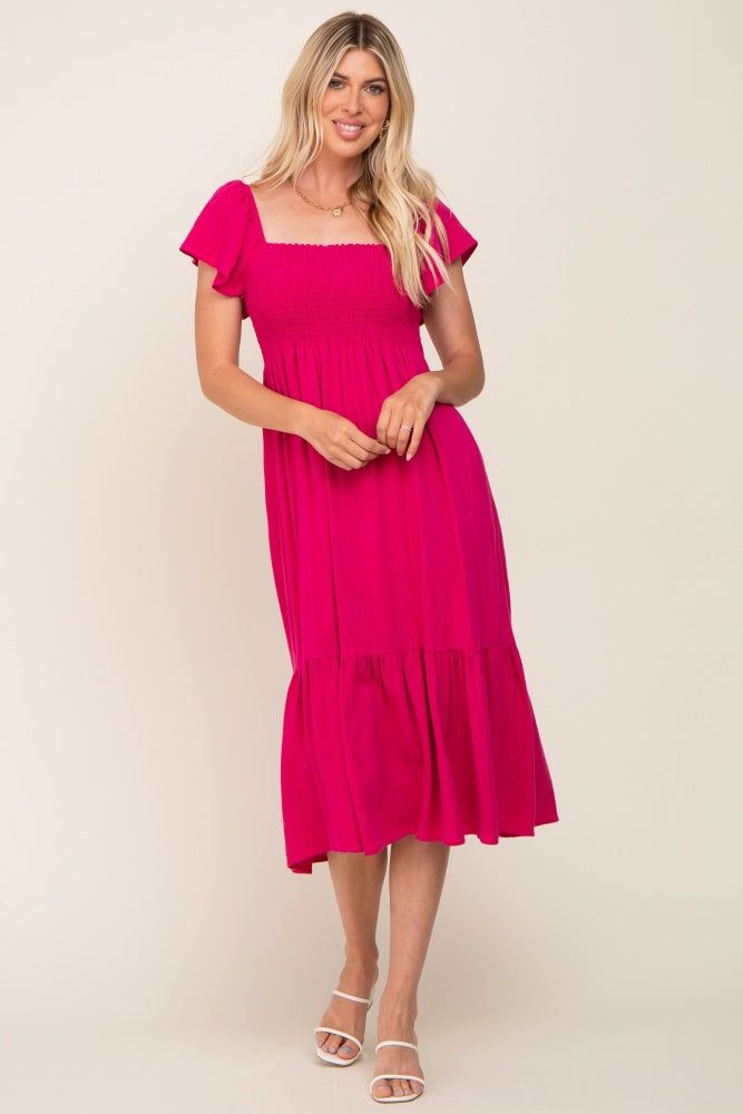 Fuchsia Smocked Ruffle Hem Midi Dress sold by Pinkblush product image thumbnail 4