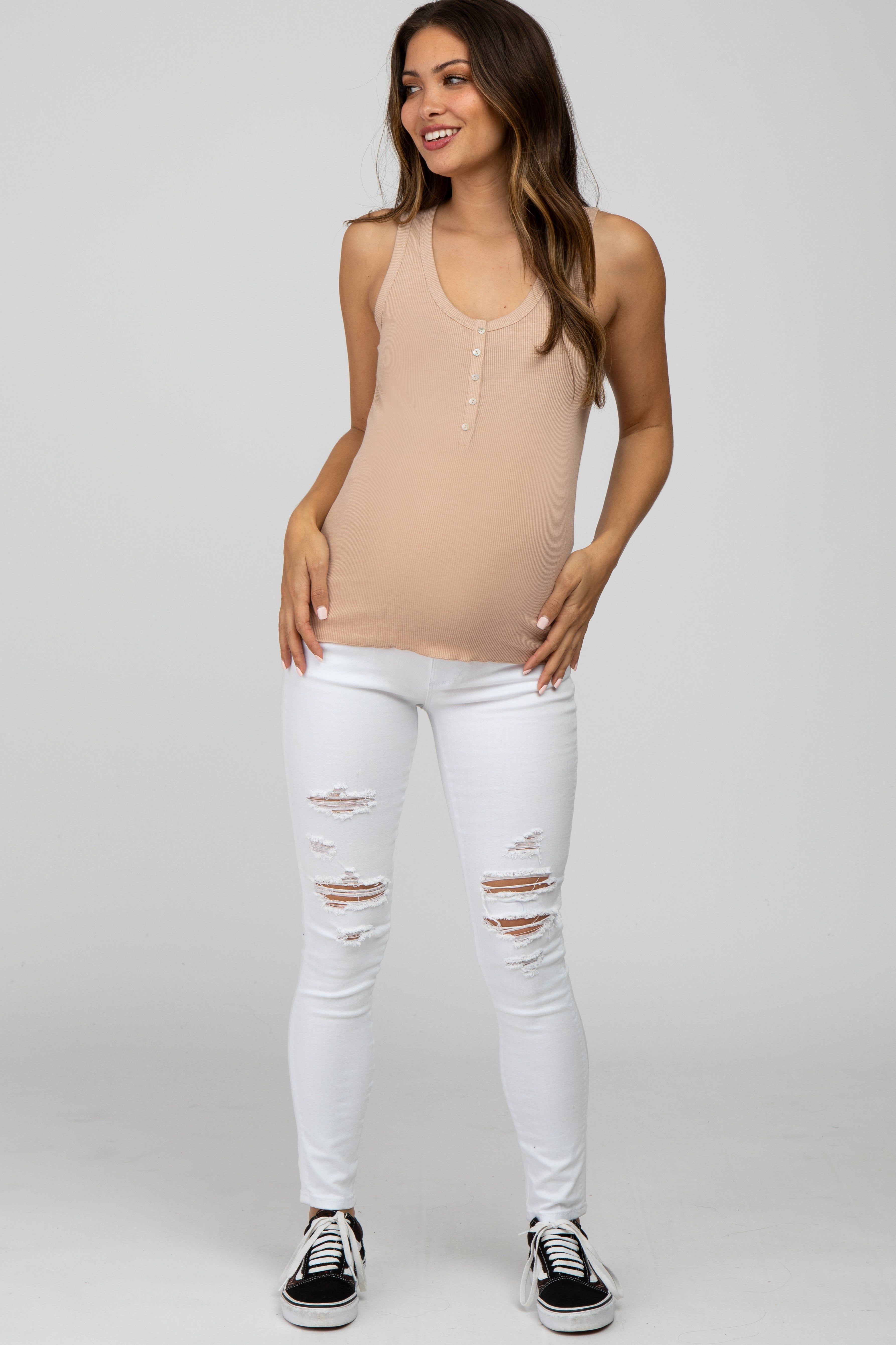 Taupe Ribbed Button Front Maternity Tank Top sold by Pinkblush product image thumbnail 2
