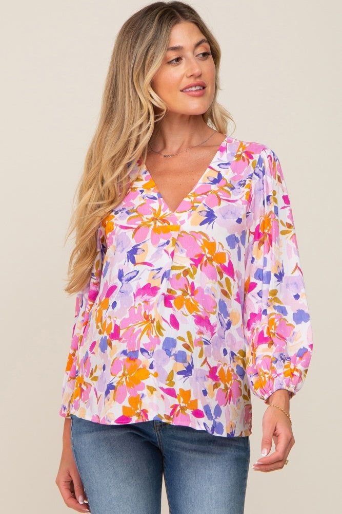 Multi-Colored Floral V-Neck Maternity Top sold by Pinkblush
