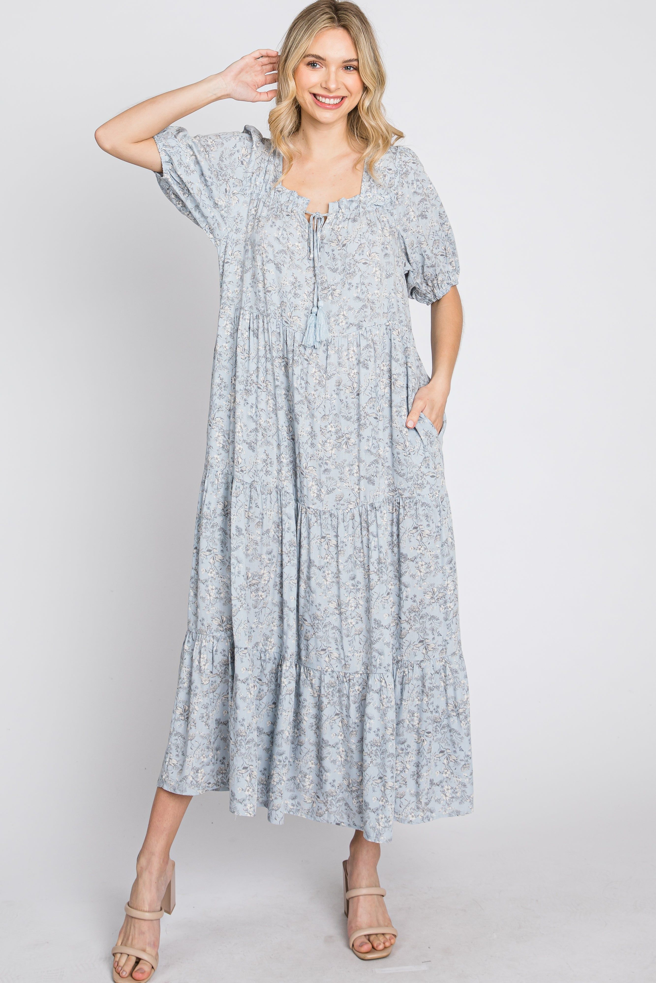 Blue Floral Square Neck Front Tie Tiered Mid Dress sold by Pinkblush product image thumbnail 4