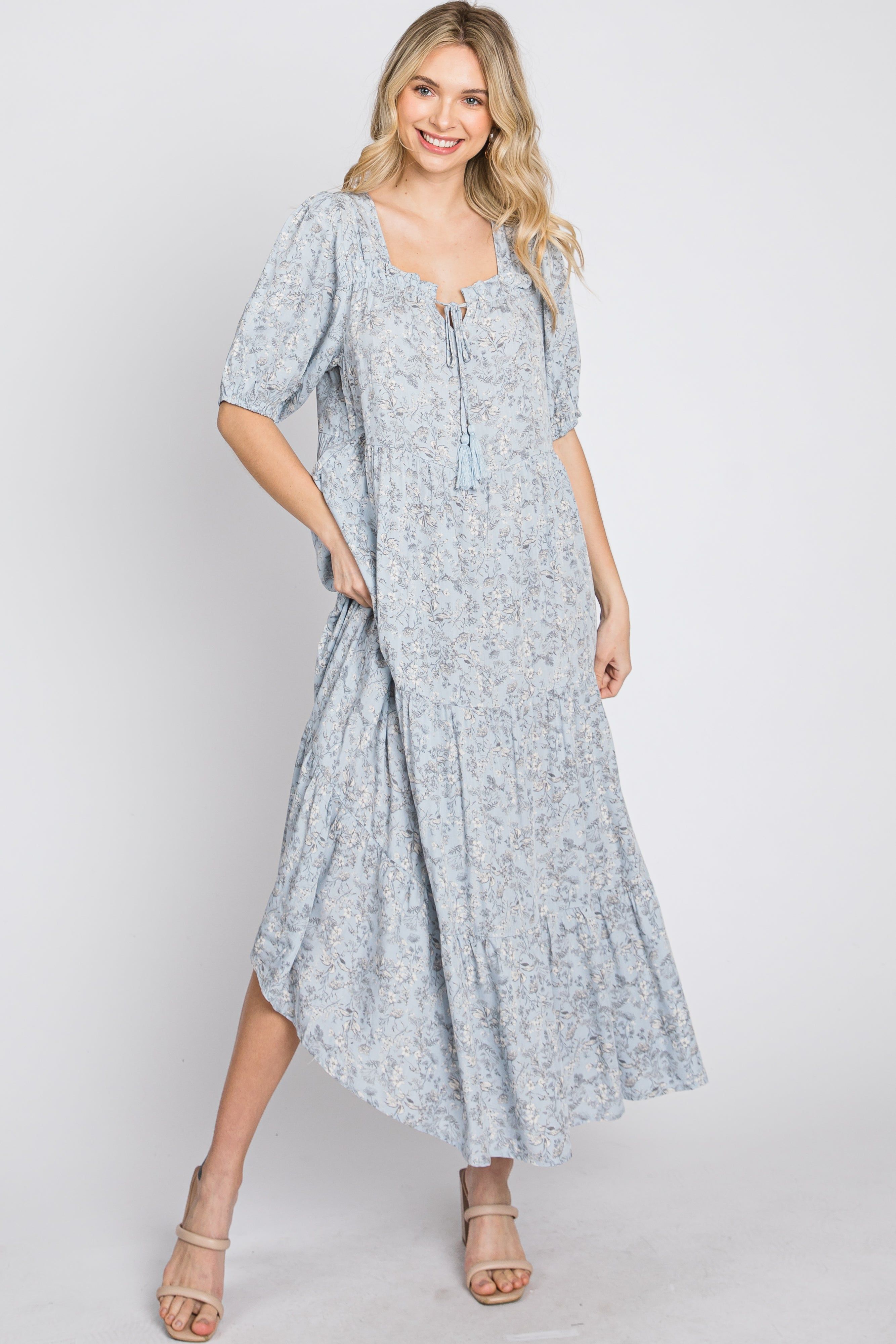 Blue Floral Square Neck Front Tie Tiered Mid Dress sold by Pinkblush