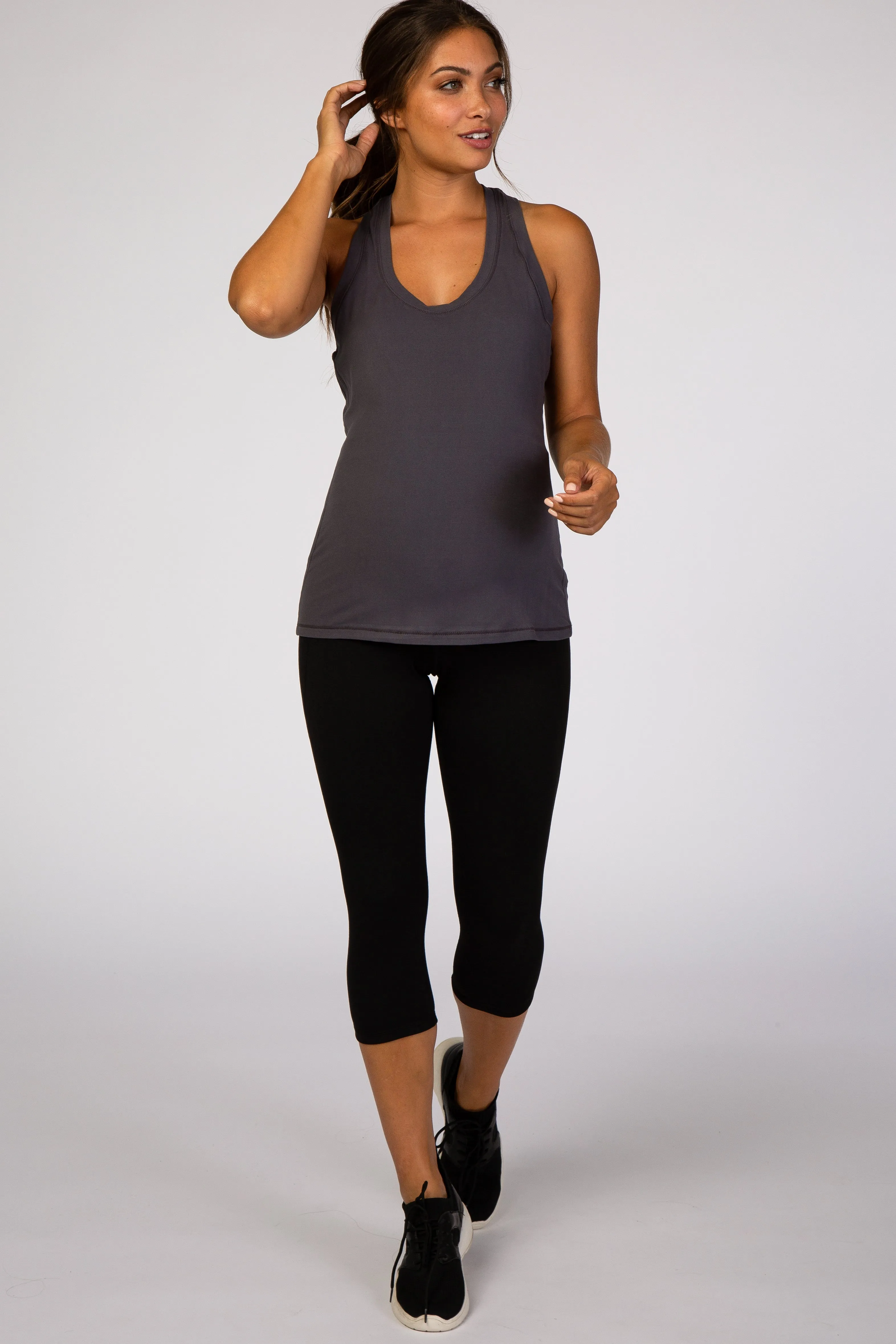 Charcoal Solid Active Racerback Maternity Tank Top sold by Pinkblush