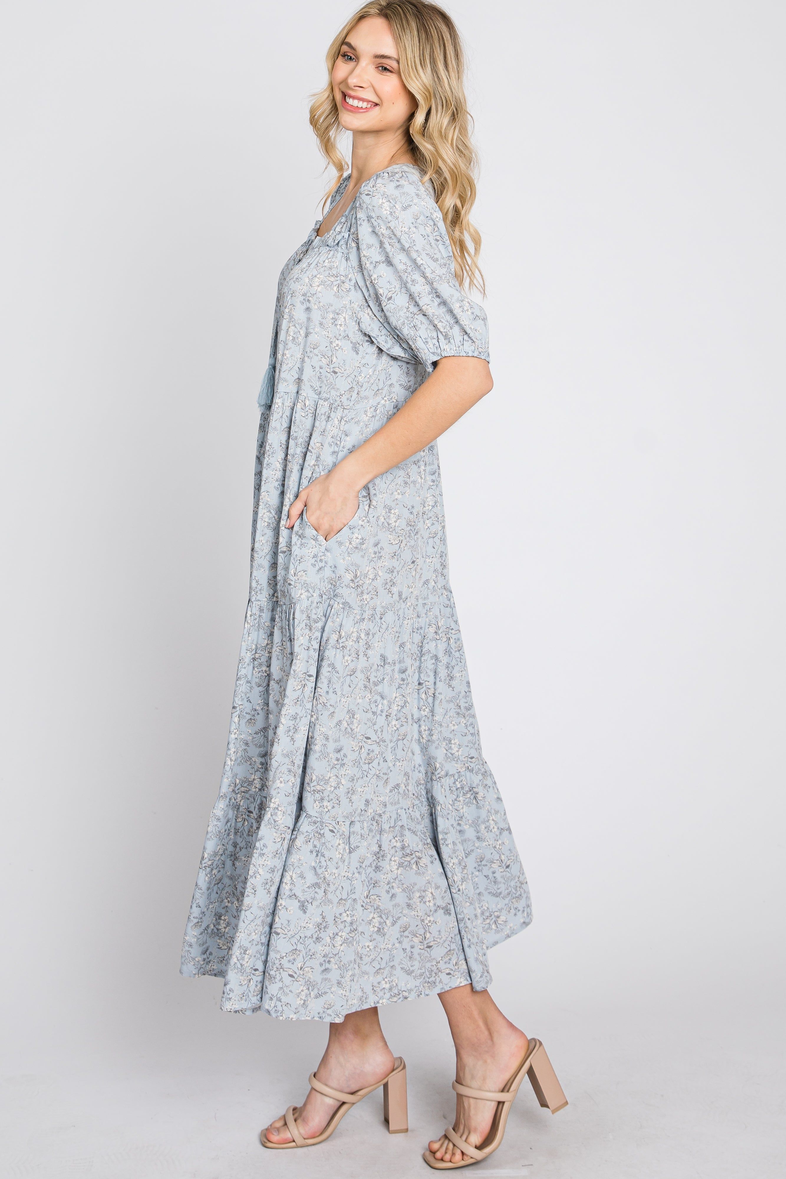 Blue Floral Square Neck Front Tie Tiered Mid Dress sold by Pinkblush product image thumbnail 5