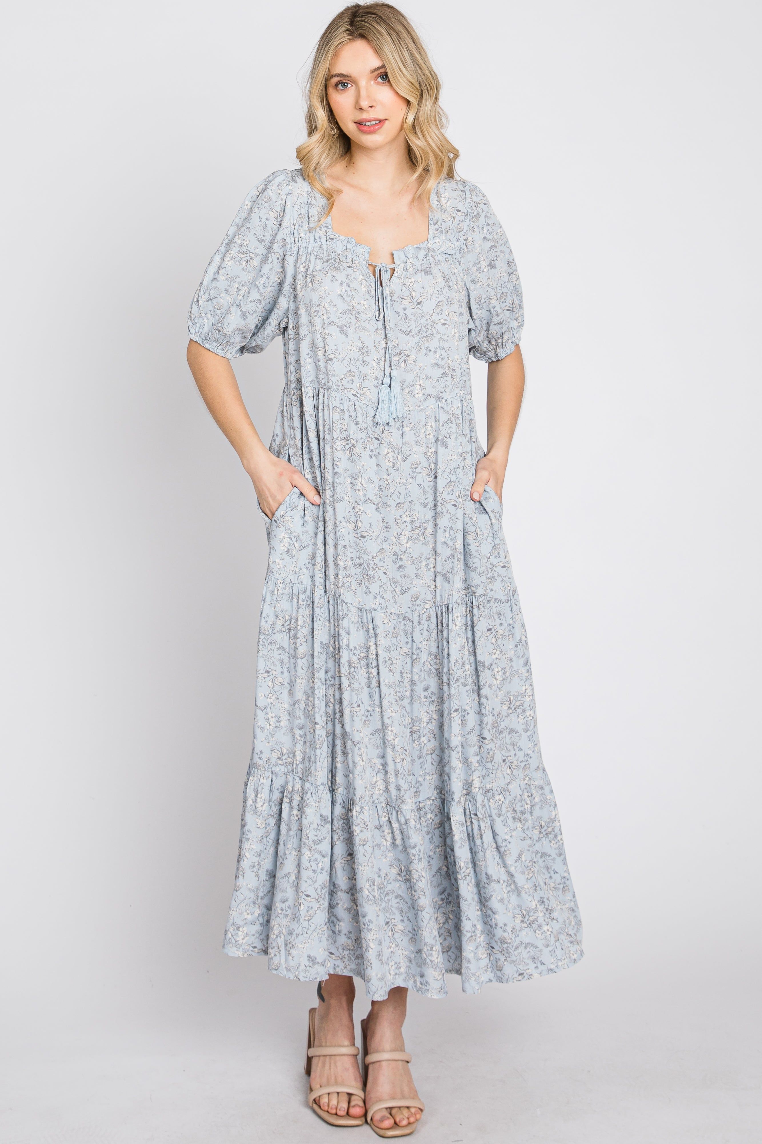 Blue Floral Square Neck Front Tie Tiered Mid Dress sold by Pinkblush product image thumbnail 2