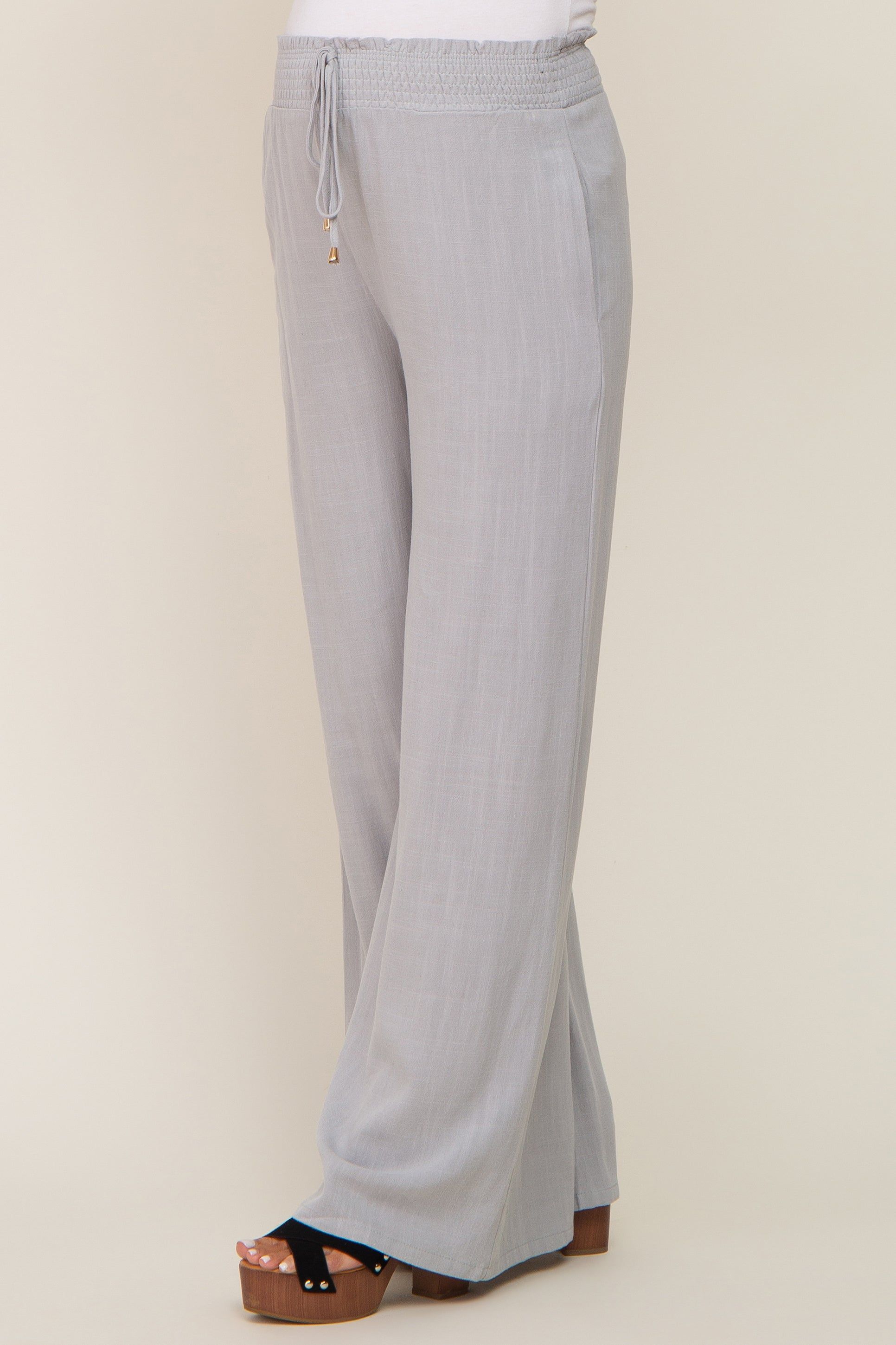 Grey Smocked Waist Wide Leg Linen Maternity Pants sold by Pinkblush product image thumbnail 3