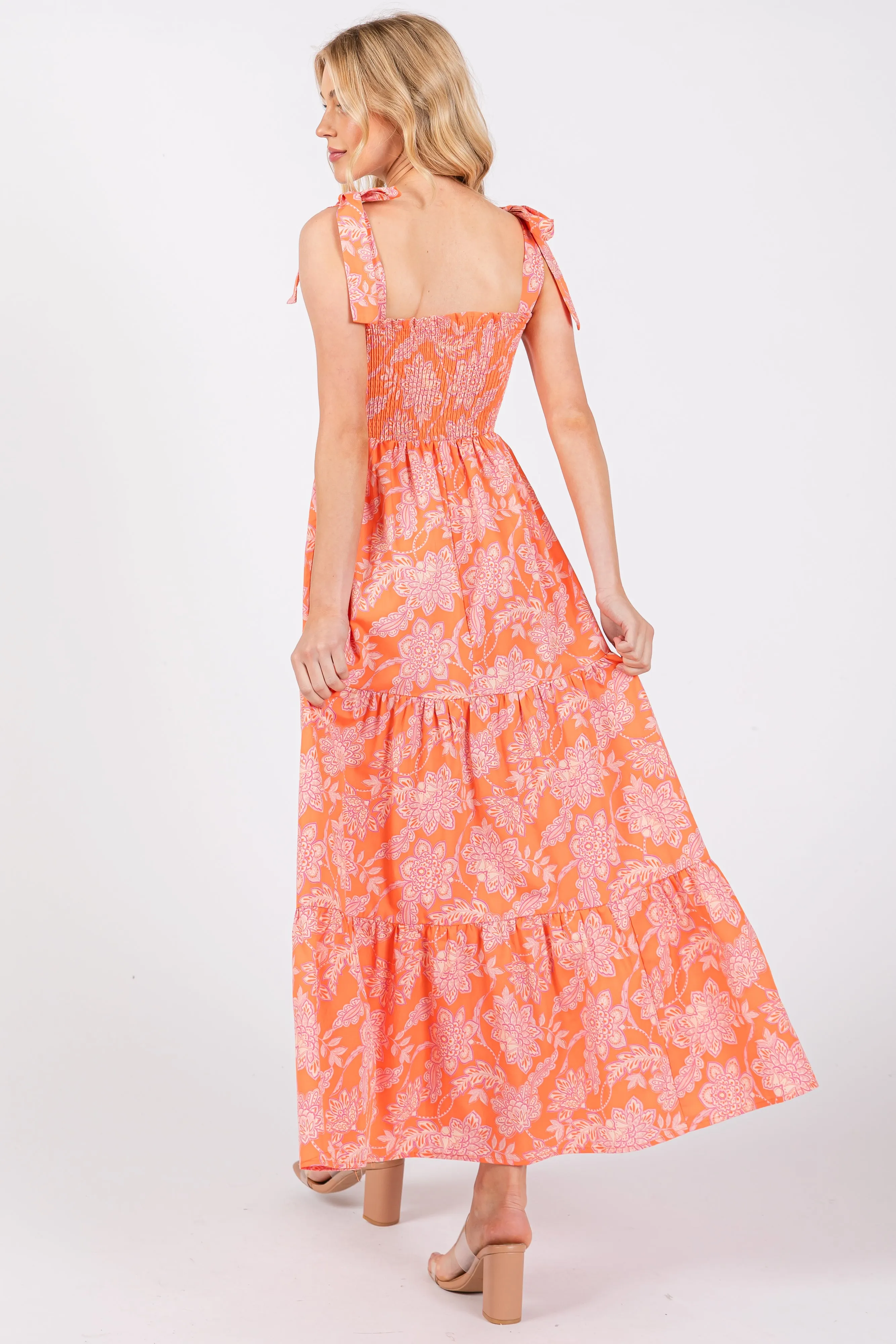 Orange Floral Tiered Shoulder Tie Dress sold by Pinkblush product image thumbnail 3