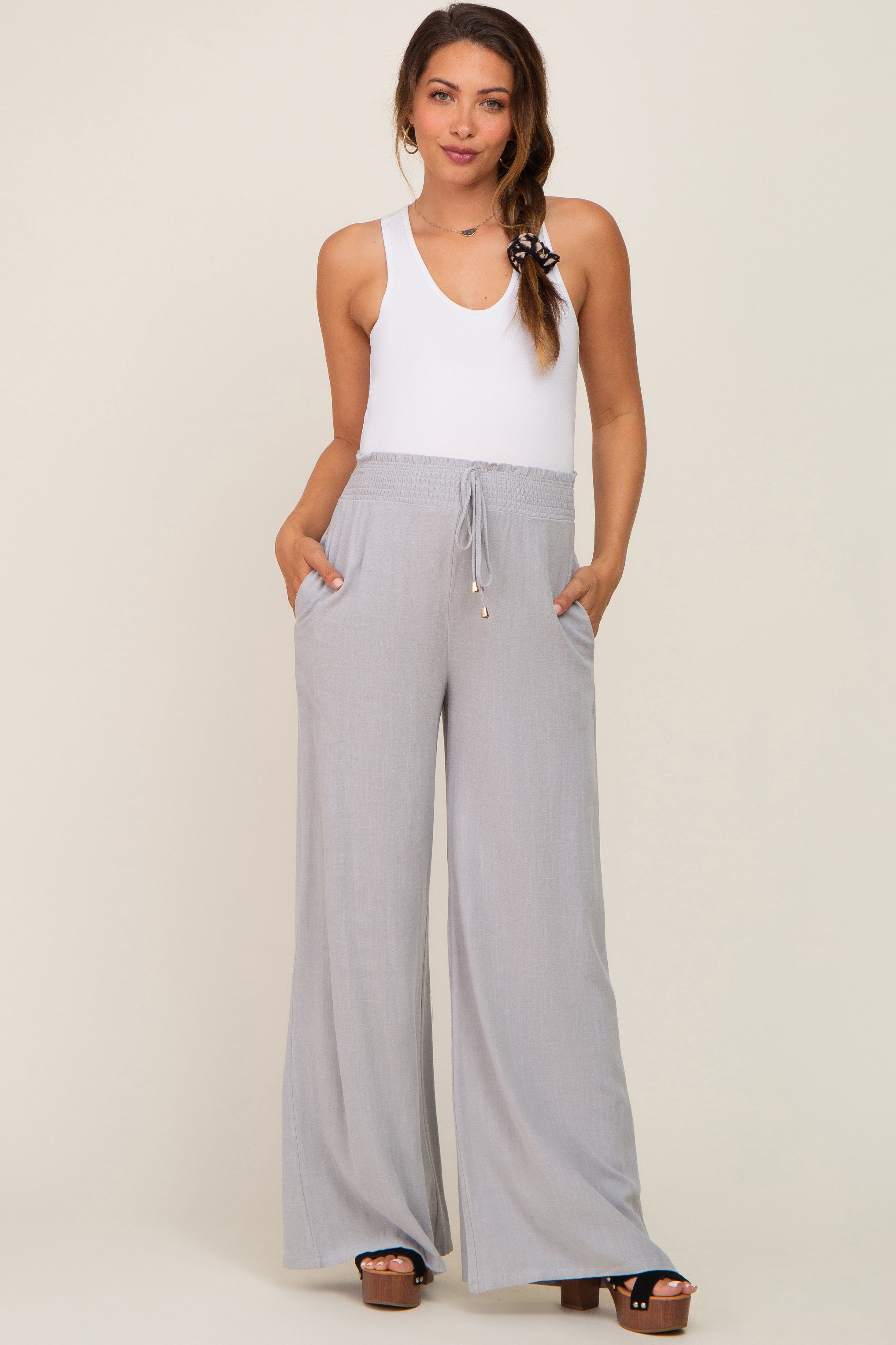 Grey Smocked Waist Wide Leg Linen Maternity Pants sold by Pinkblush