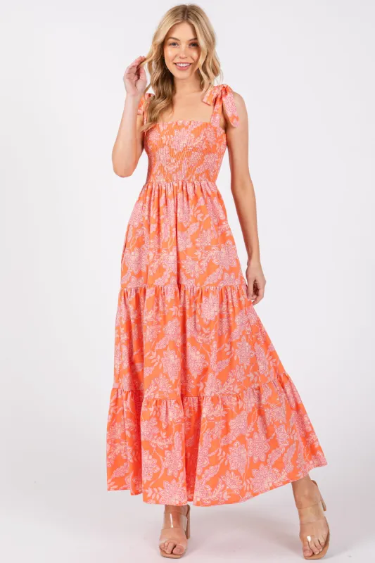 Orange Floral Tiered Shoulder Tie Dress sold by Pinkblush