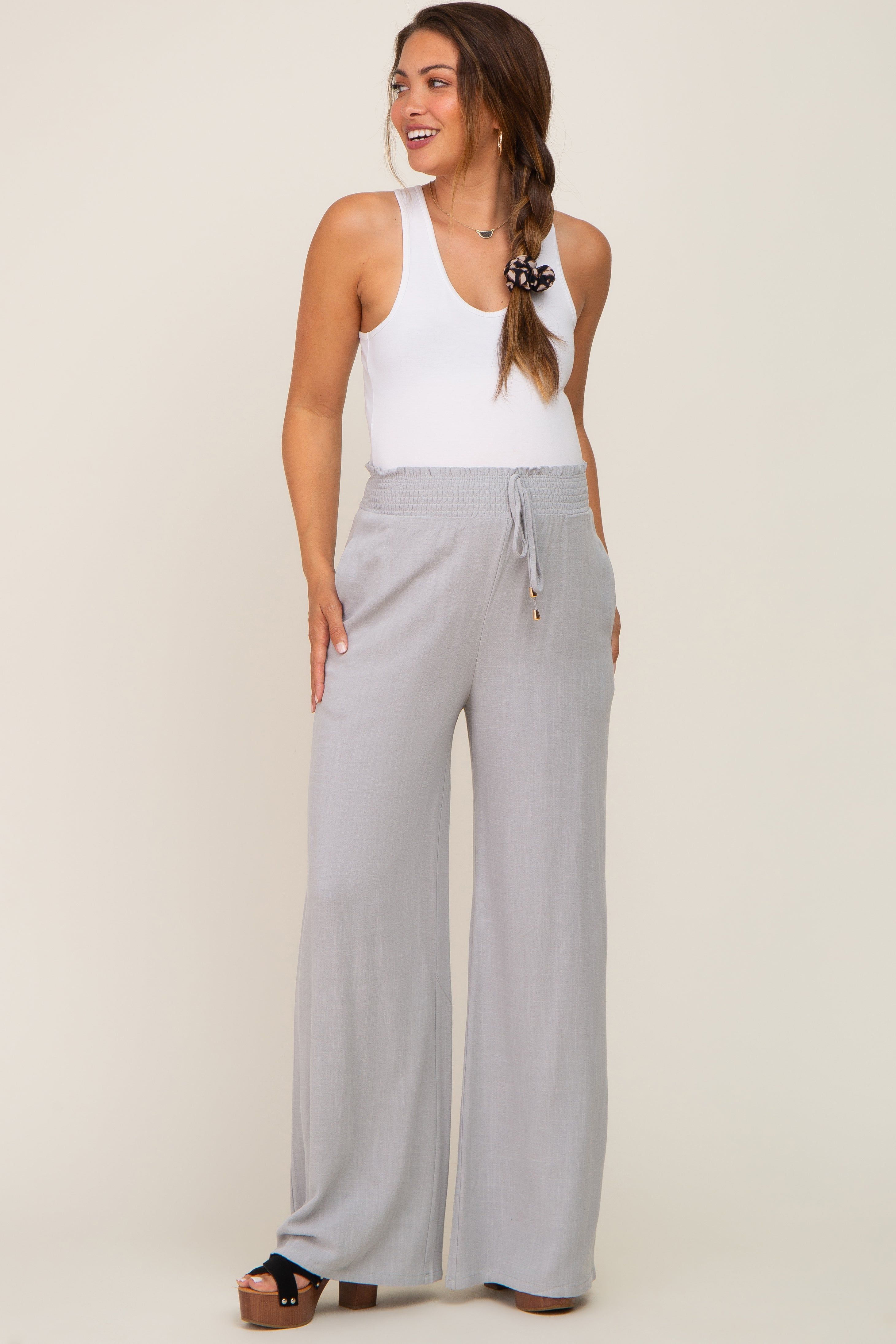 Grey Smocked Waist Wide Leg Linen Maternity Pants sold by Pinkblush product image thumbnail 5