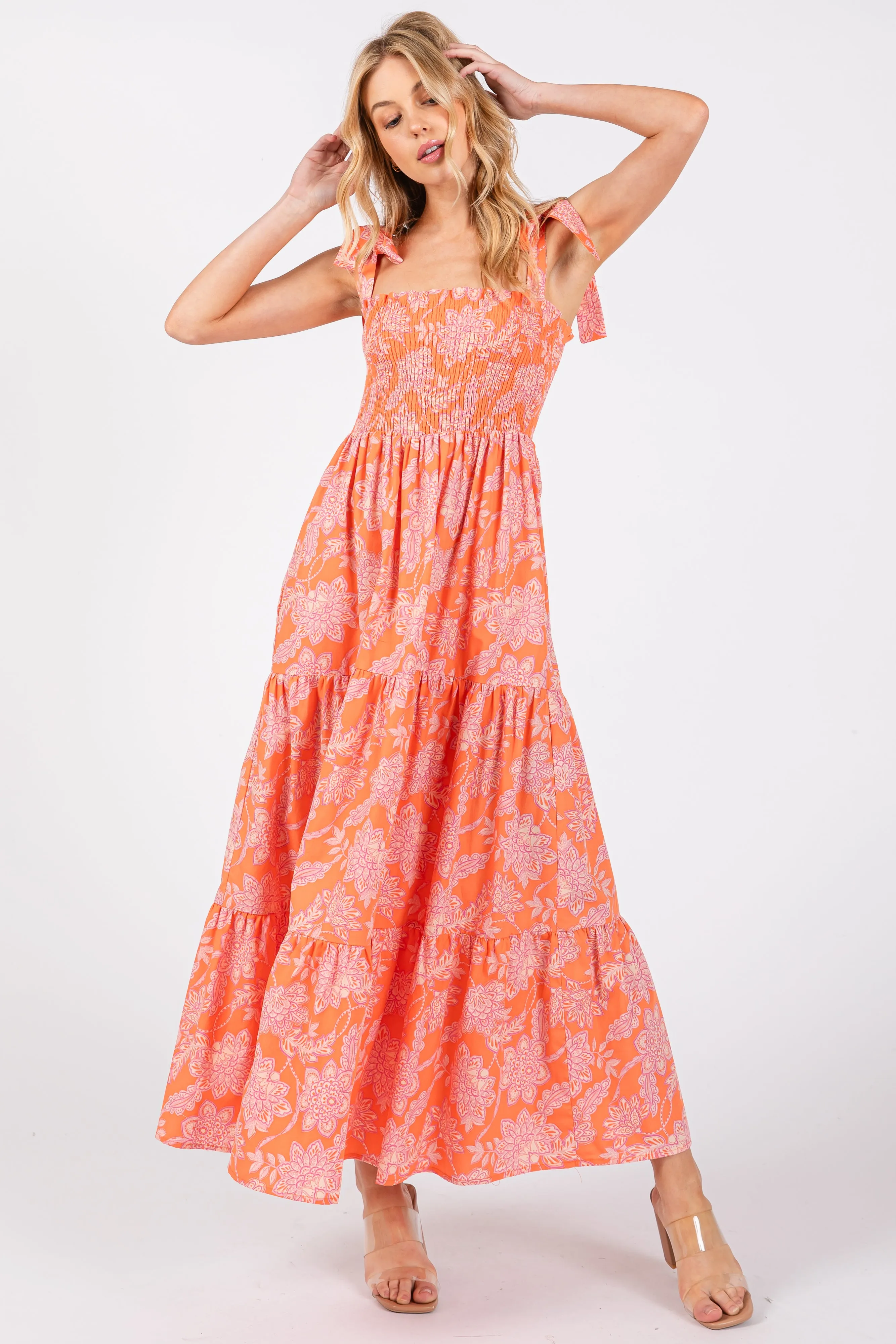Orange Floral Tiered Shoulder Tie Dress sold by Pinkblush product image thumbnail 5
