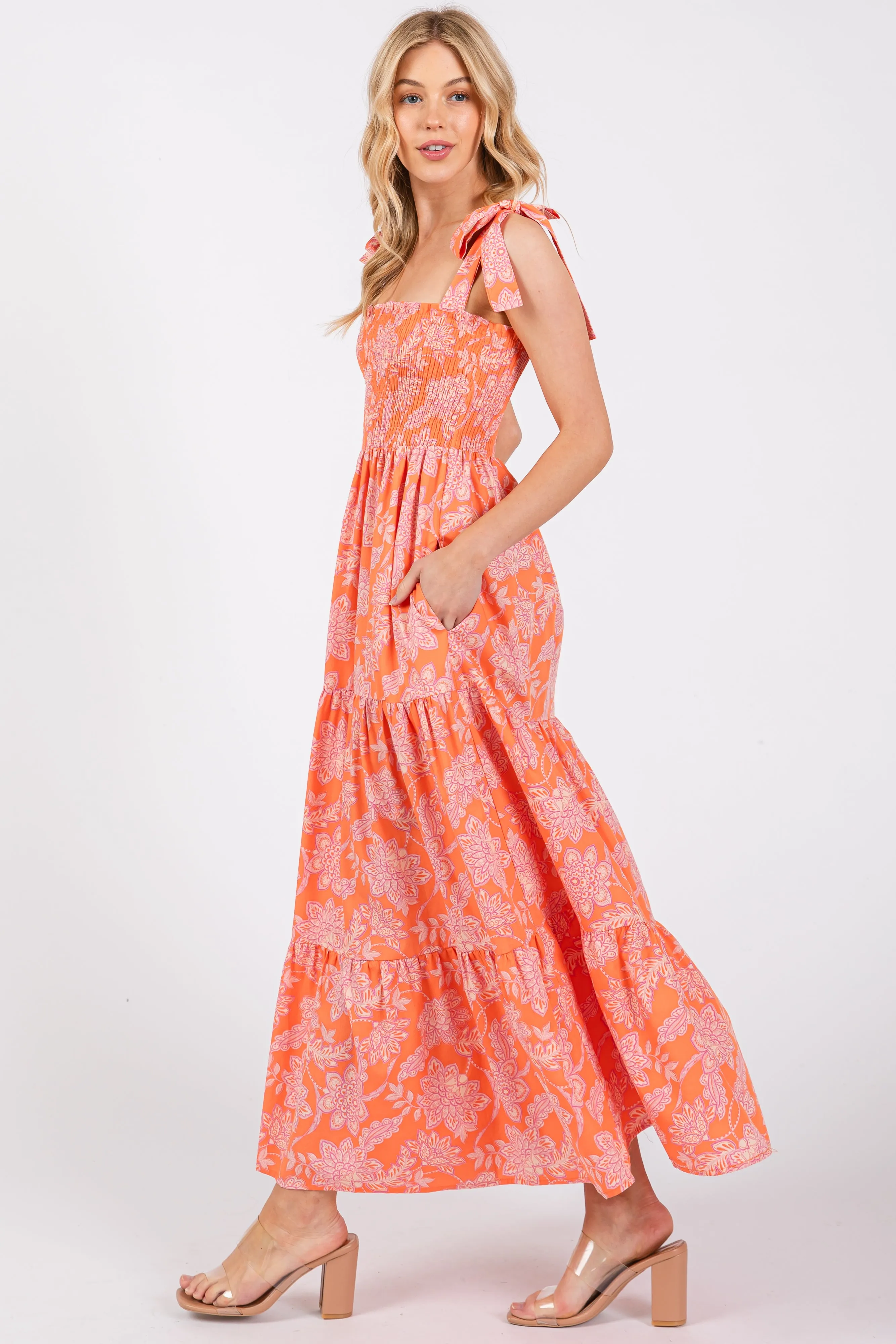 Orange Floral Tiered Shoulder Tie Dress sold by Pinkblush product image thumbnail 2