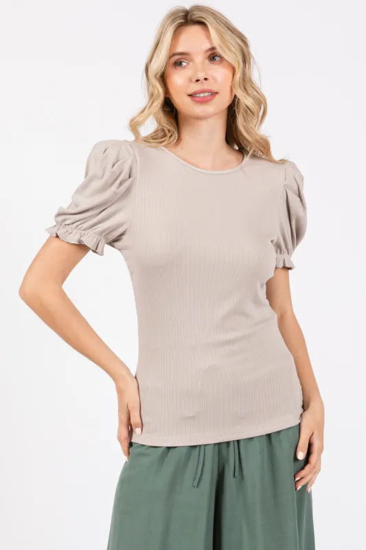 Taupe Ribbed Puff Sleeve Top sold by Pinkblush