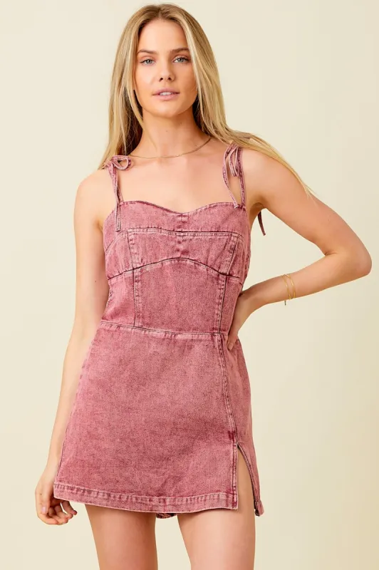 Burgundy Denim Tie Strap Mini Dress sold by Pinkblush