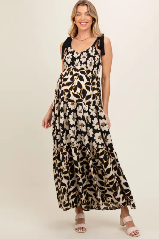 Black Floral Print Sleeveless Tiered Maternity Maxi Dress sold by Pinkblush