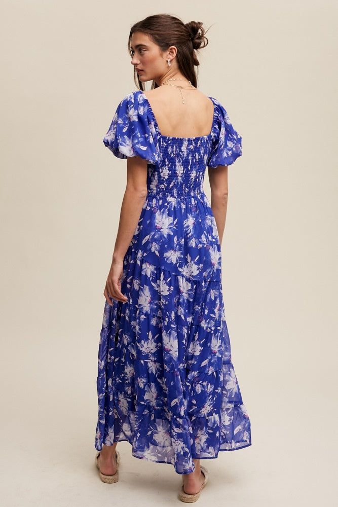 Bright Blue Flower Print Ruched Sweetheart Maxi Dress sold by Pinkblush product image thumbnail 3