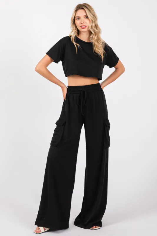 Black Crop Top Cargo Pant Set sold by Pinkblush
