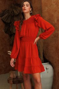 Rust Layered Ruffle Sleeve Dress sold by Pinkblush