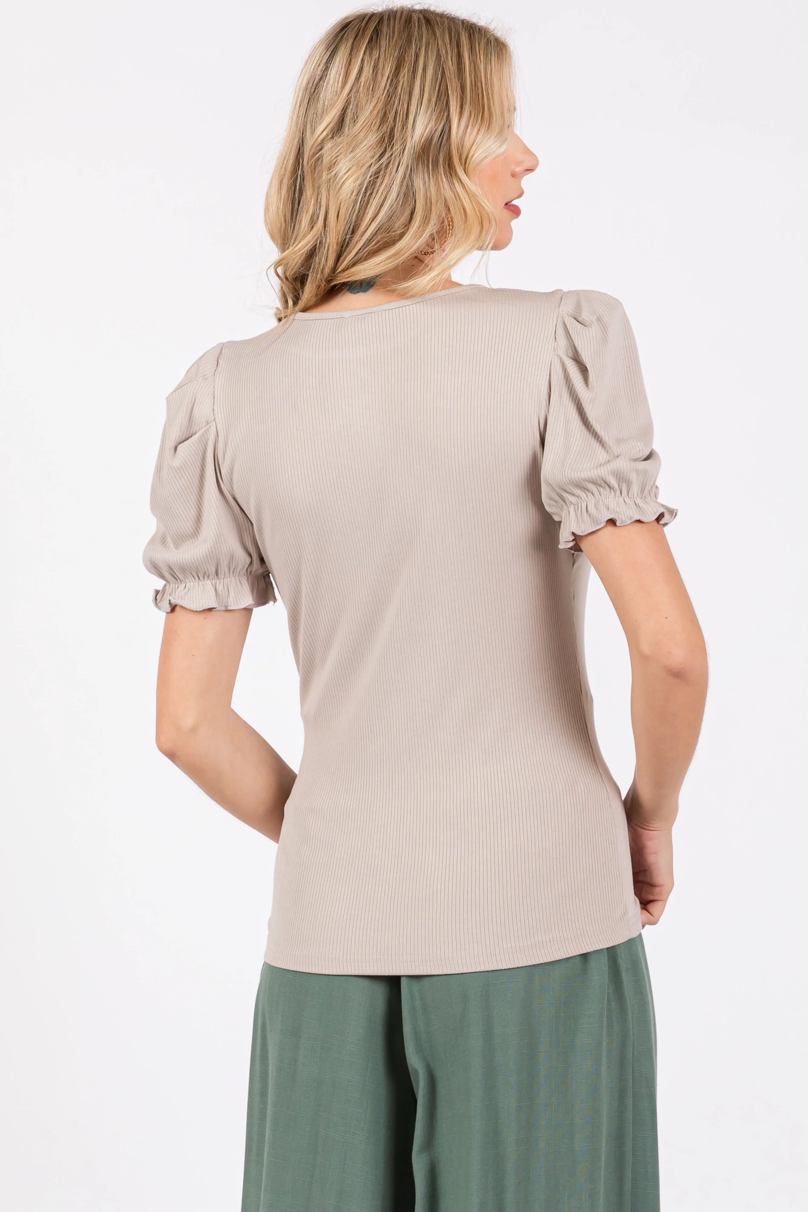 Taupe Ribbed Puff Sleeve Top sold by Pinkblush product image thumbnail 3