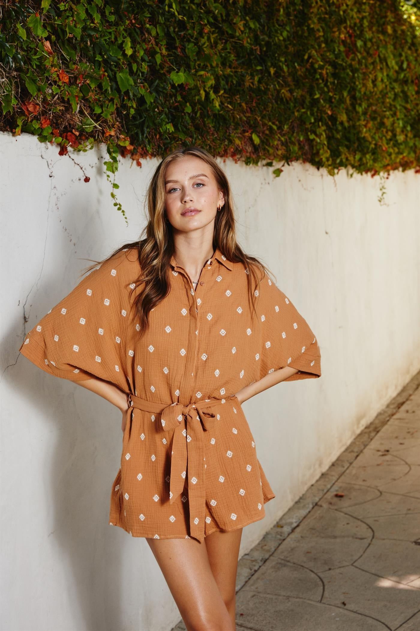 Camel Cotton Button Up Collared Romper sold by Pinkblush