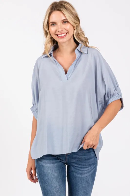 Light Blue V-Neck Short Sleeve Top sold by Pinkblush