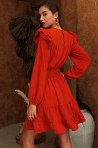 Rust Layered Ruffle Sleeve Dress sold by Pinkblush