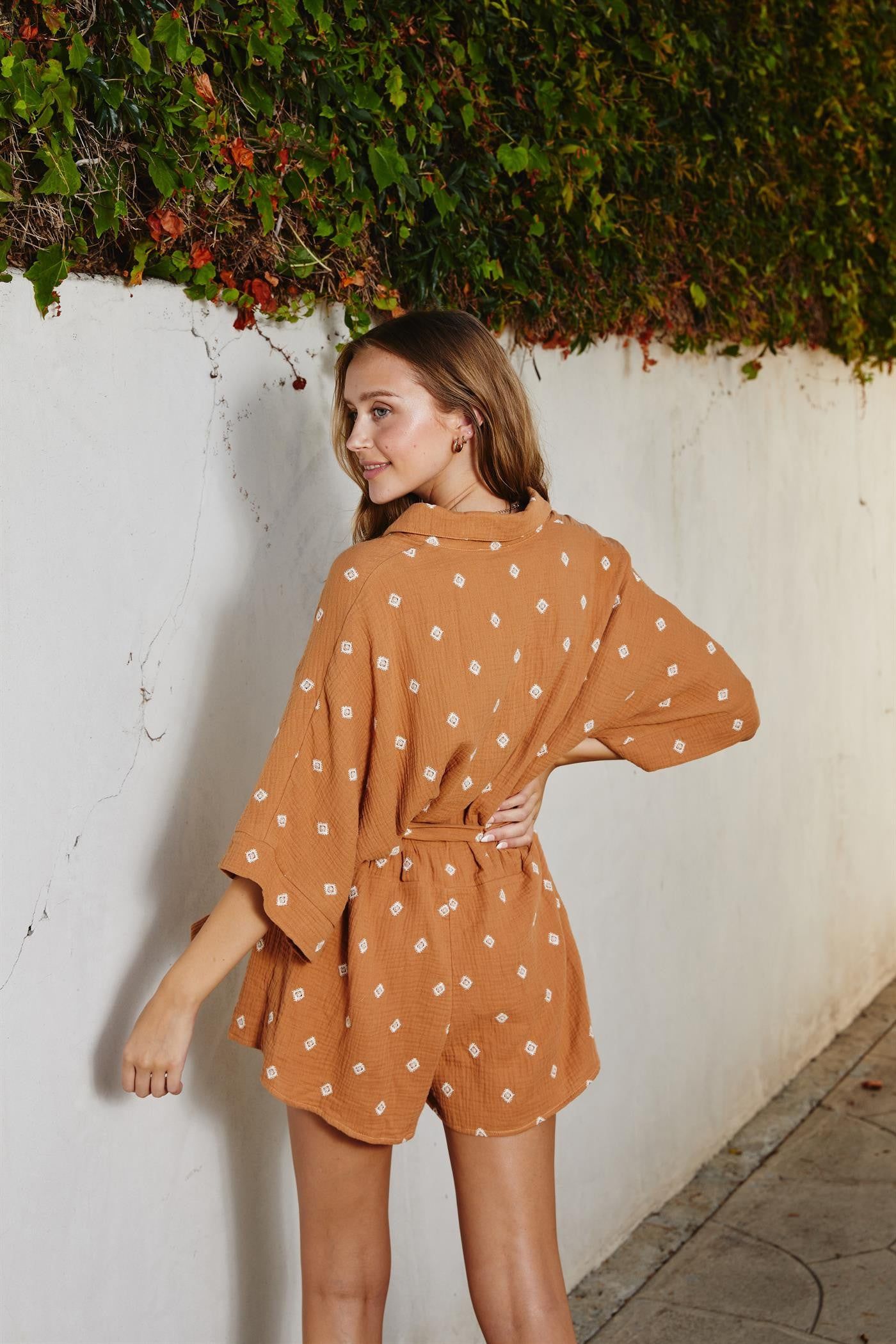 Camel Cotton Button Up Collared Romper sold by Pinkblush product image thumbnail 2