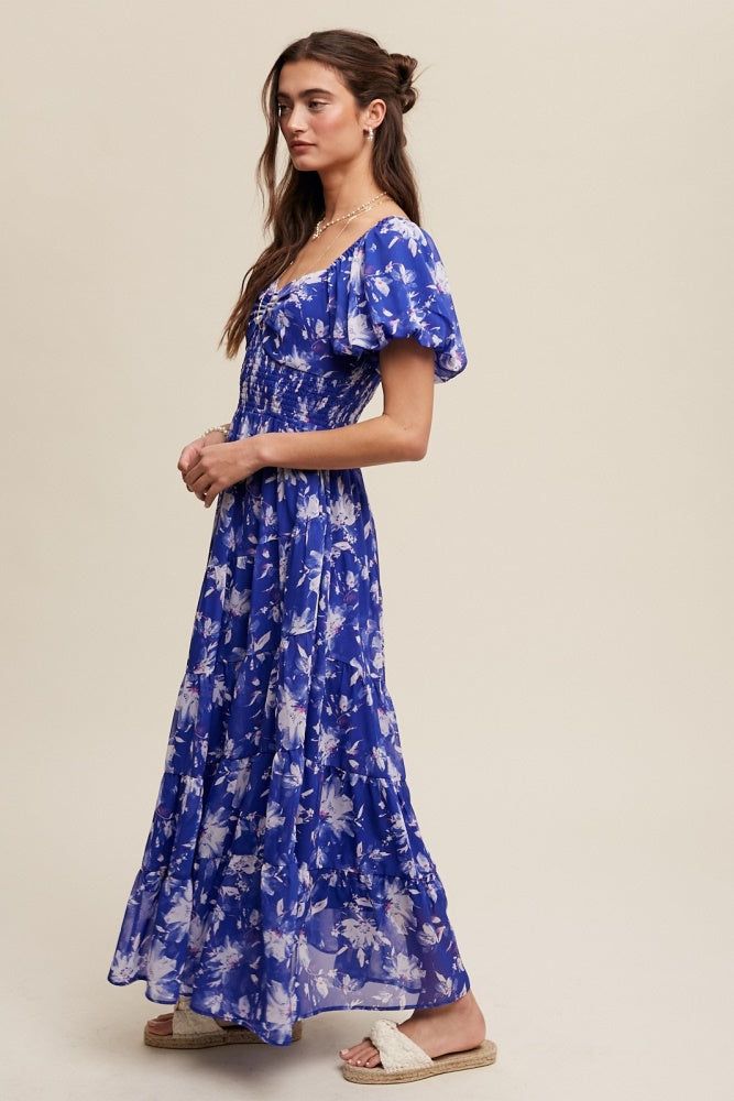 Bright Blue Flower Print Ruched Sweetheart Maxi Dress sold by Pinkblush product image thumbnail 2