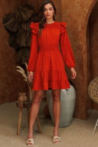 Rust Layered Ruffle Sleeve Dress sold by Pinkblush
