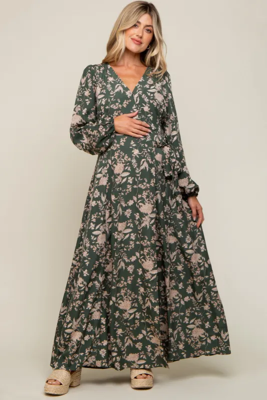 Forest Green Floral Wrap Maternity Maxi Dress sold by Pinkblush