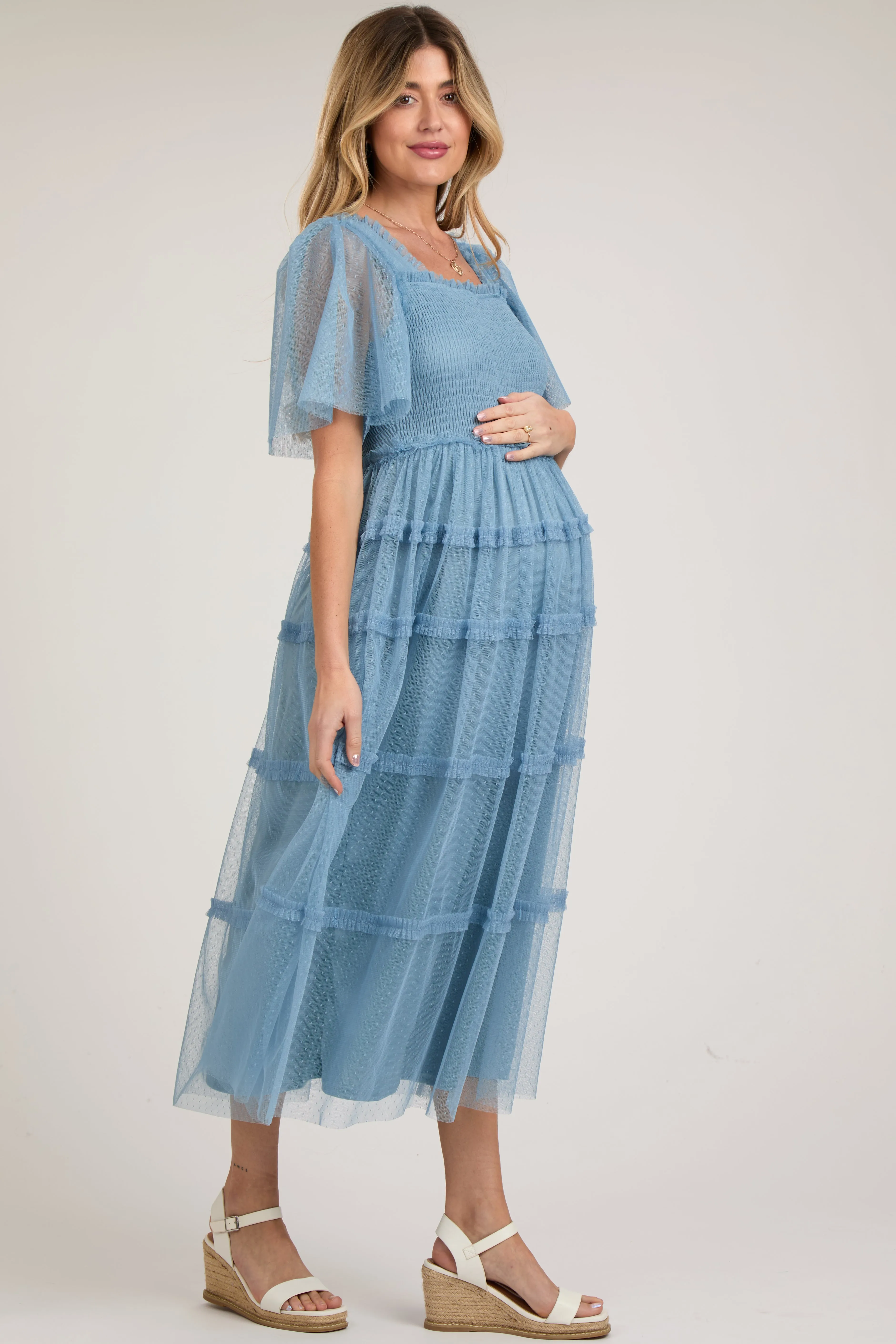 Blue Ruffled Mesh Maternity Maxi Dress sold by Pinkblush product image thumbnail 2