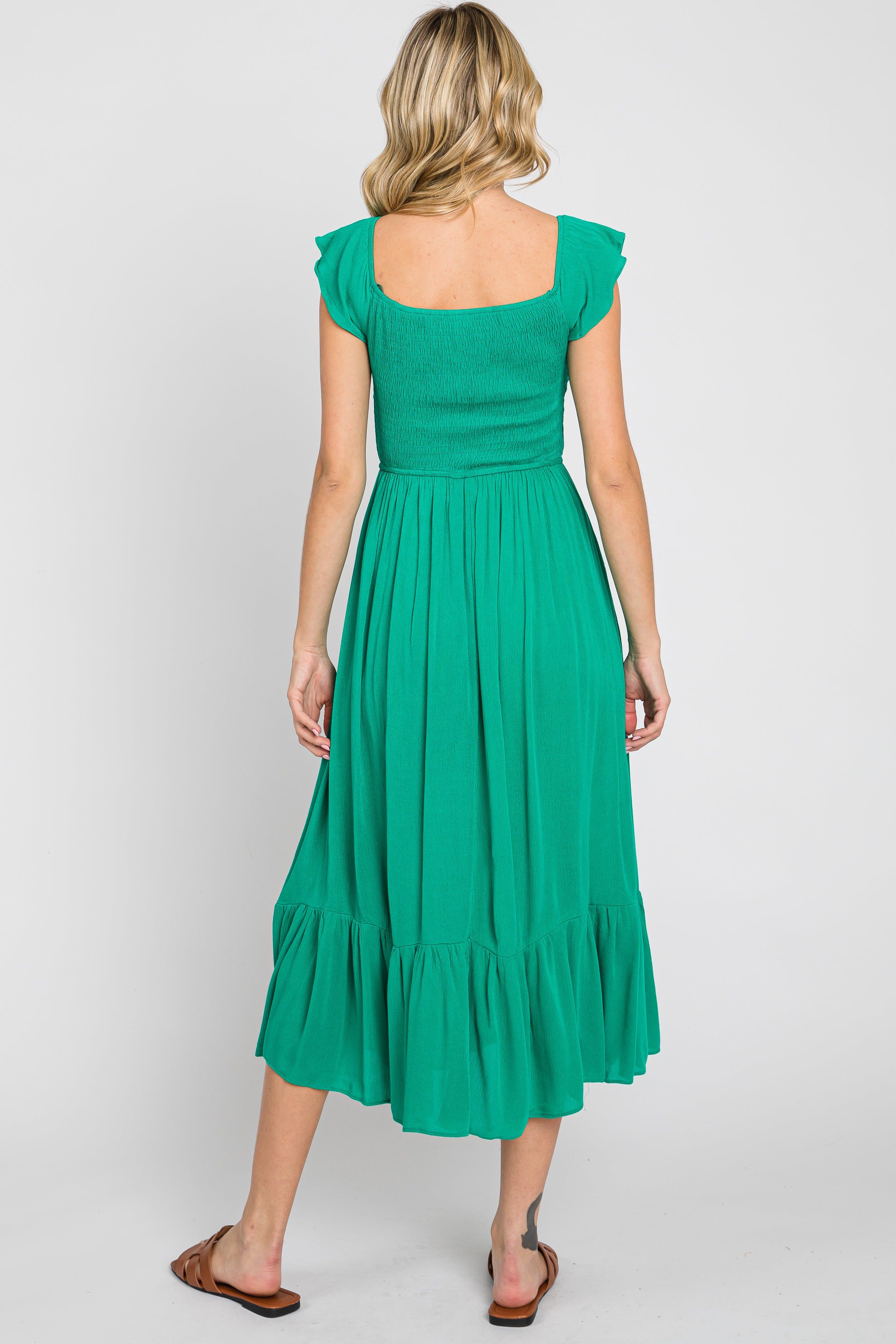 Green Smocked Ruched Ruffle Hem Maxi Dress sold by Pinkblush product image thumbnail 4