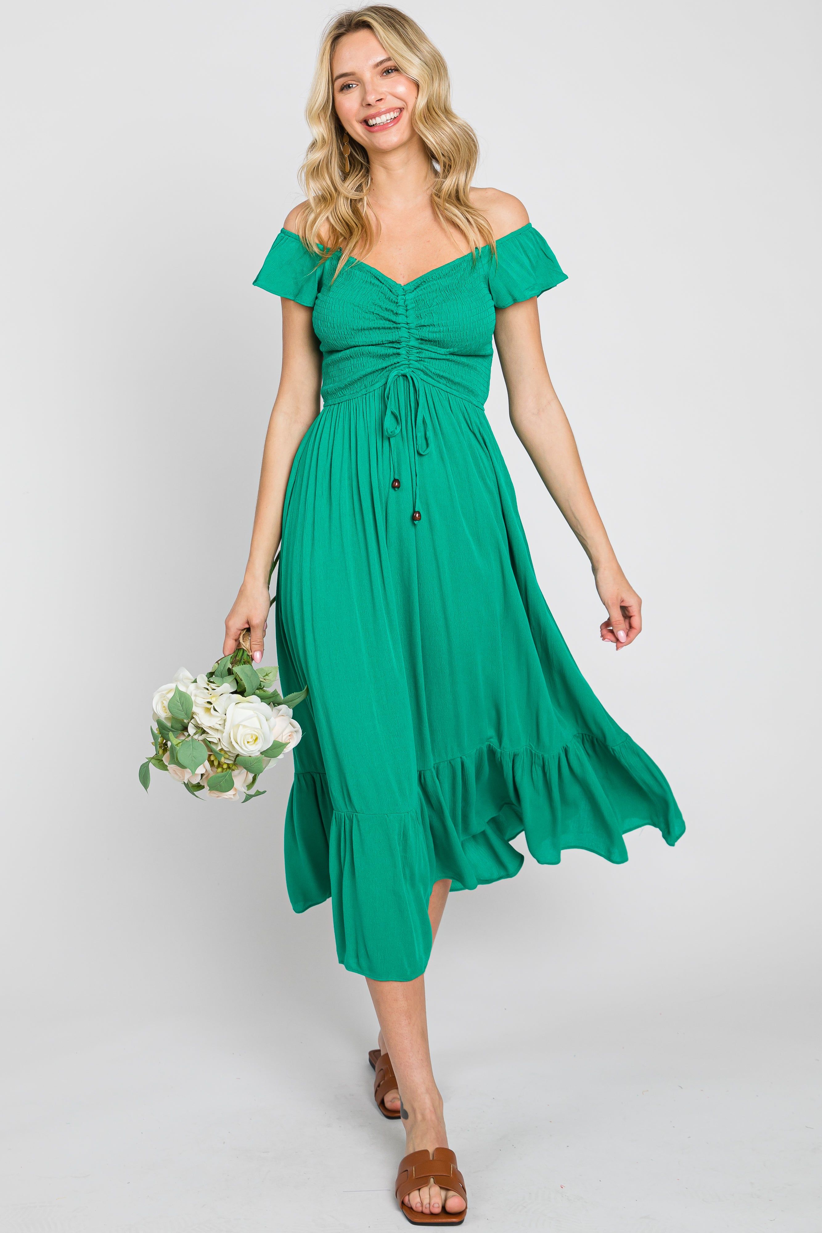 Green Smocked Ruched Ruffle Hem Maxi Dress sold by Pinkblush