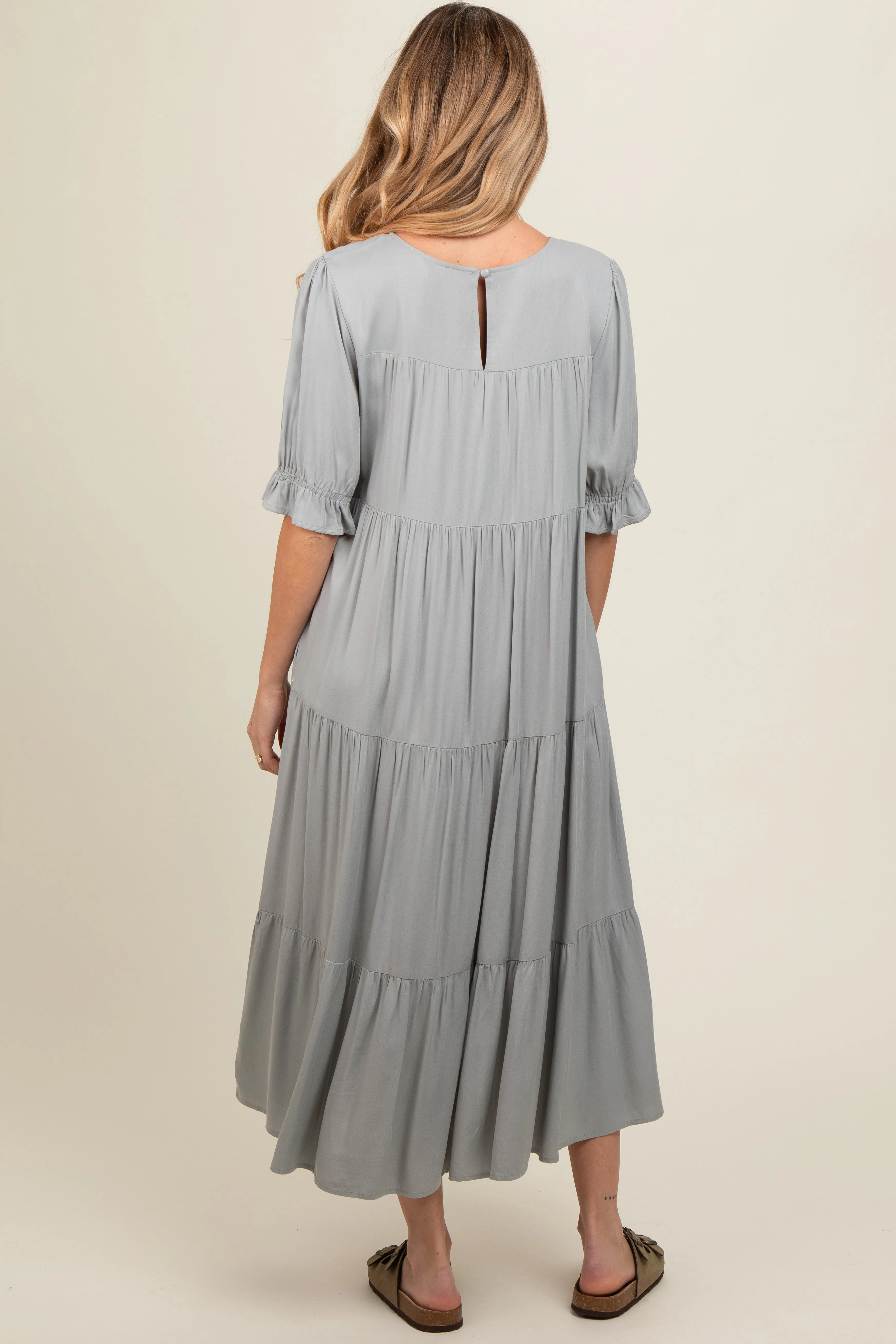 Grey Embroidered Tiered Maternity Midi Dress sold by Pinkblush product image thumbnail 2
