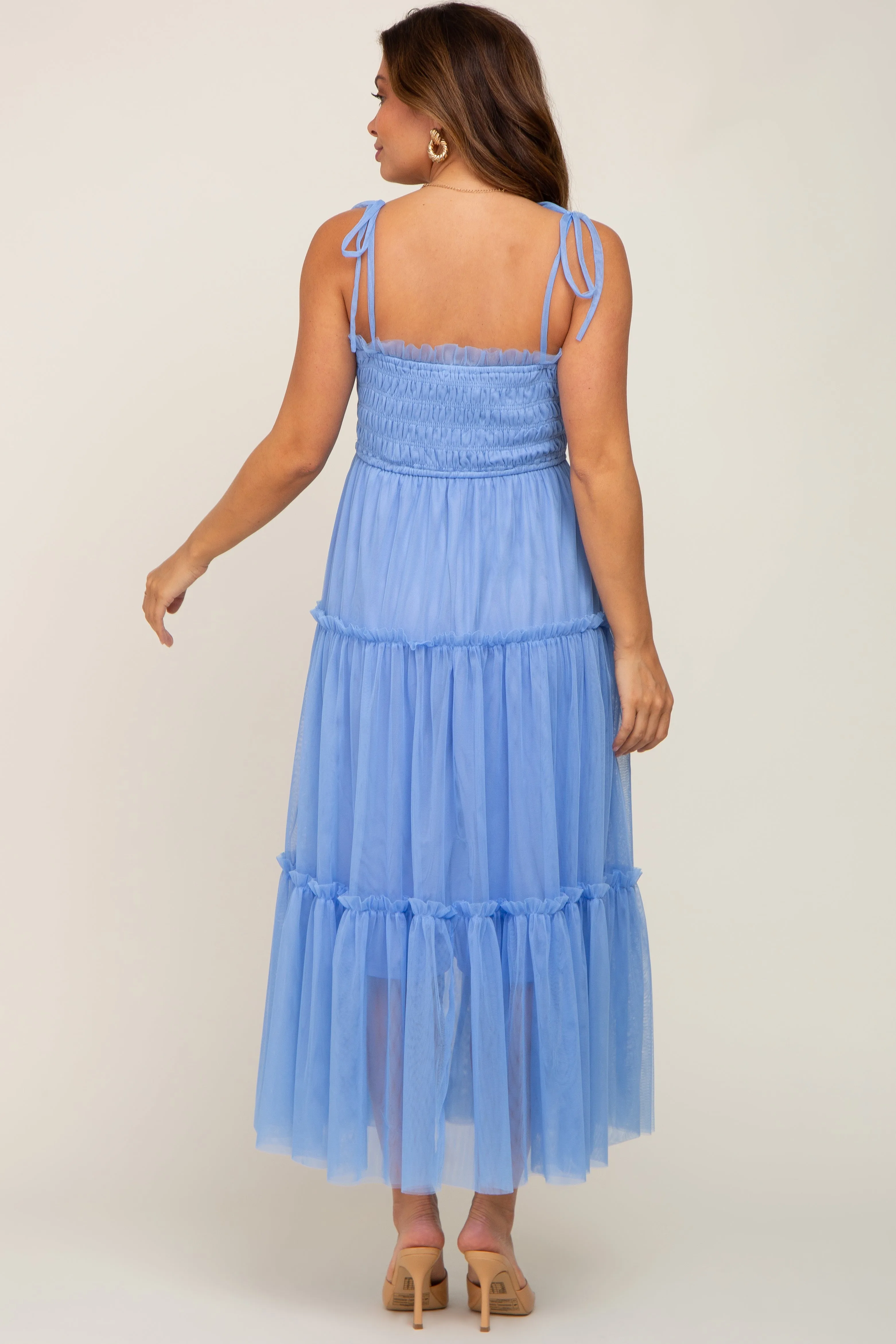 Light Blue Smocked Mesh Maternity Midi Dress sold by Pinkblush product image thumbnail 3